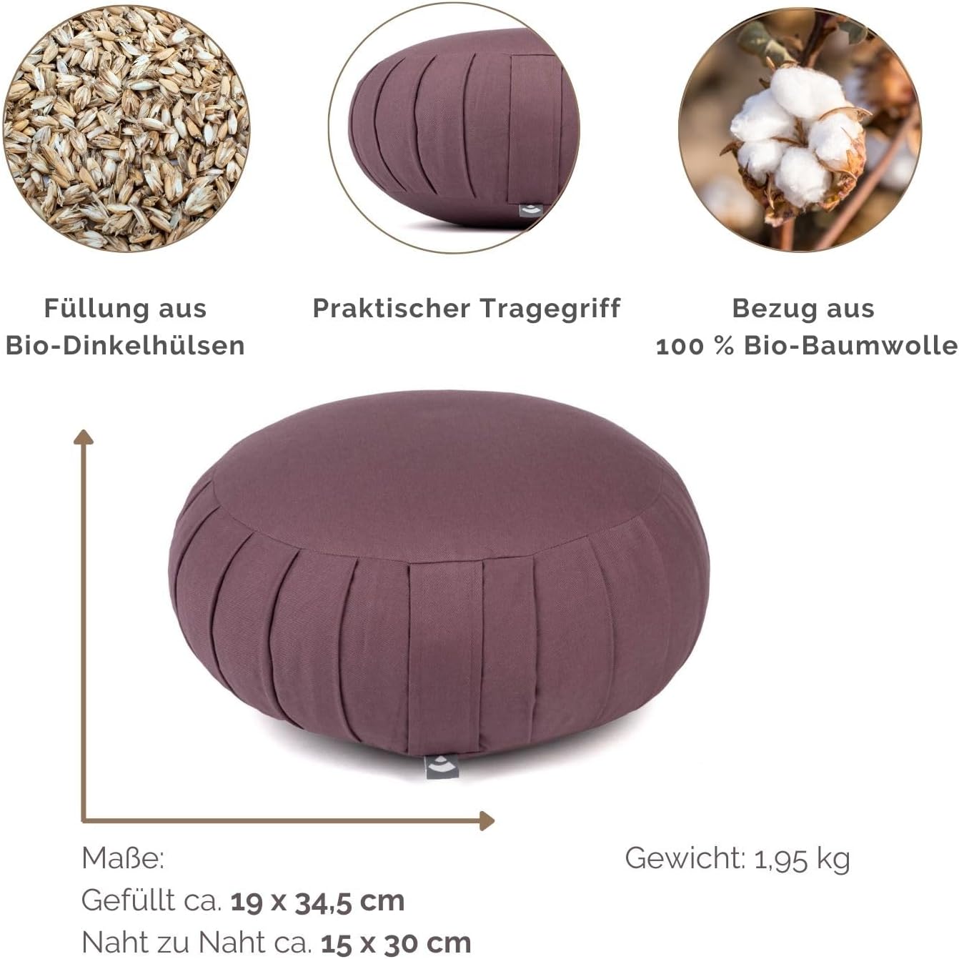 Bodhi Zafu Eco Meditationskissen, klassisches traditionelles Yogakissen rund mit Dehnfalten, Bezug aus 100 % Bio-Baumwolle, hohes Yoga-Sitzkissen mit Bio-Dinkelfüllung, Sitzhöhe 19 cm – Bild 3