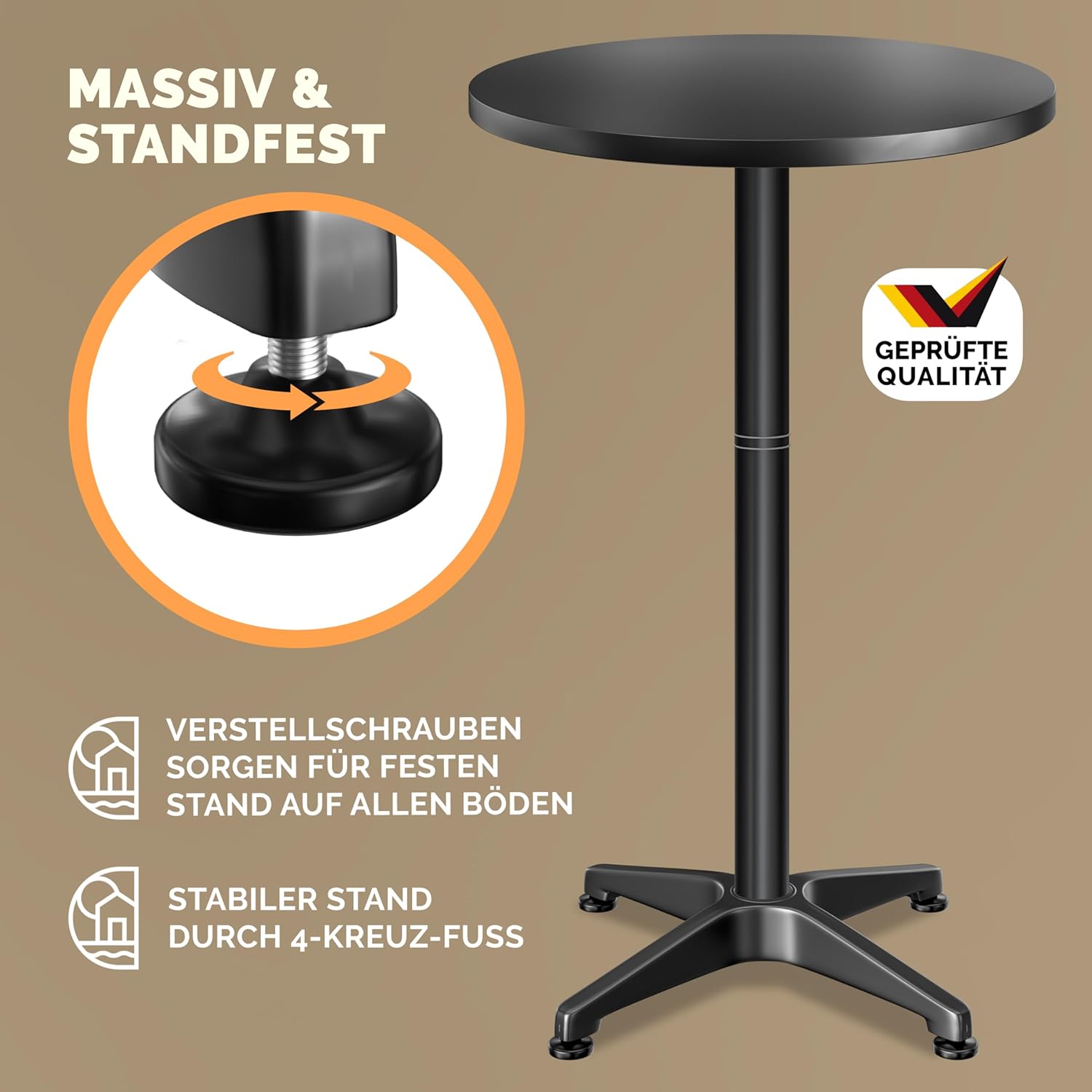 Casaria 2-in-1-Bartisch, höhenverstellbar, klappbar, 70 cm / 115 cm, Aluminium, wetterfest, Durchmesser 60 cm, rund, Outdoor, Indoor-Beistelltisch, Bistrotisch, schwarz – Bild 4