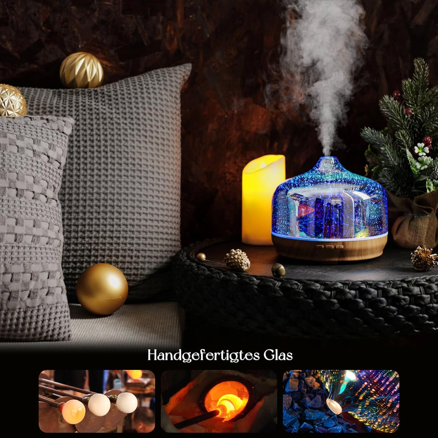 Porseme Aromadiffusor 500 ml, mundgeblasener 3D-Glasbefeuchter, Ultraschall-Aromatherapie-Öldiffusor mit 7 farbigen LED-Lichtern, Diffusor für ätherische Öle, hält 15–21 Stunden, BPA-frei für den Heimgebrauch – Bild 4