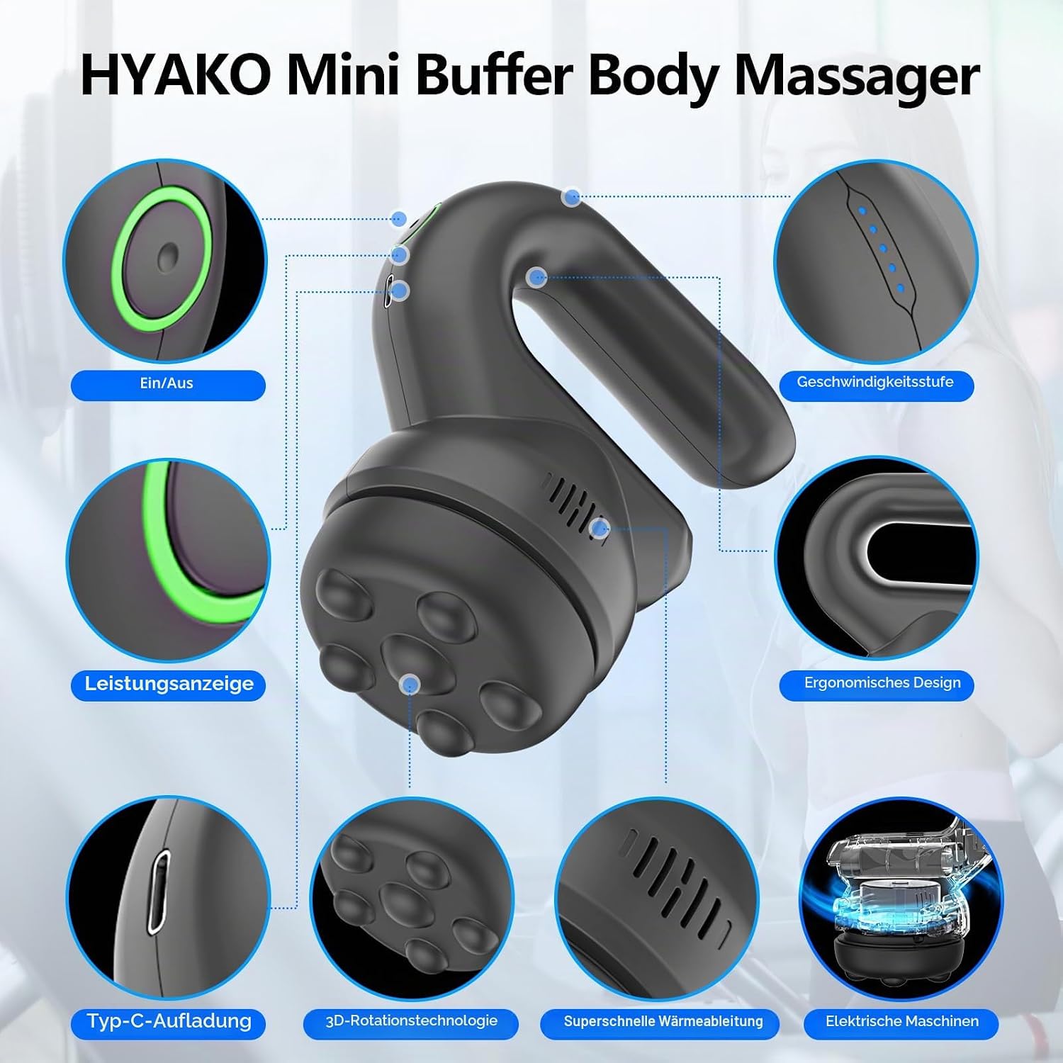HYAKO F2 Rotations-Vibrationsmassagegerät – Handmassagegerät mit Massagepistolen-Technologie – Tiefengewebe-Massagegerät für Nacken, Schulter, Taille, Bauch, Gesäß, Beine, Arbeit und Alltagsgeschenke – Bild 5