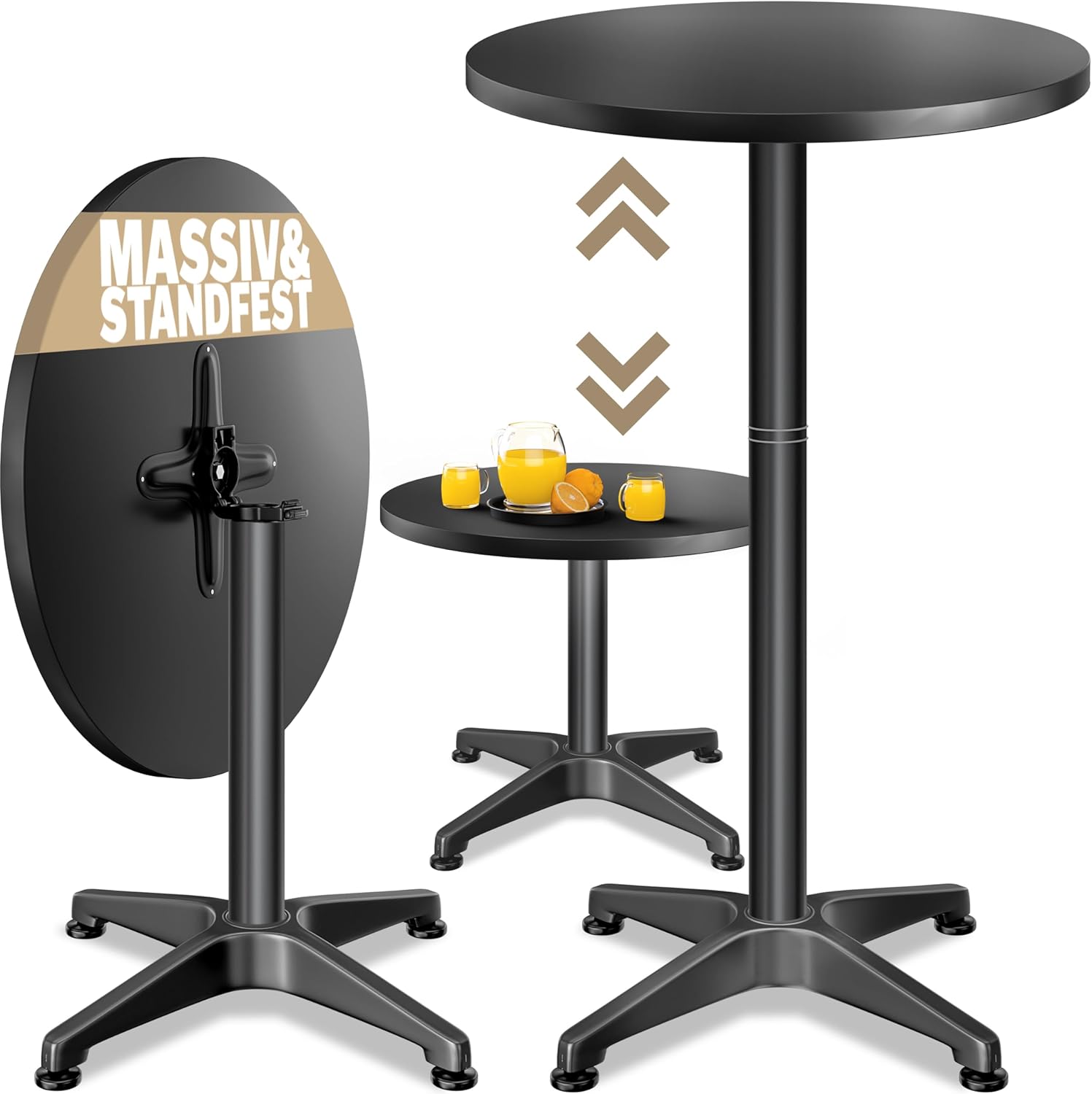 Casaria 2-in-1-Bartisch, höhenverstellbar, klappbar, 70 cm / 115 cm, Aluminium, wetterfest, Durchmesser 60 cm, rund, Outdoor, Indoor-Beistelltisch, Bistrotisch, schwarz