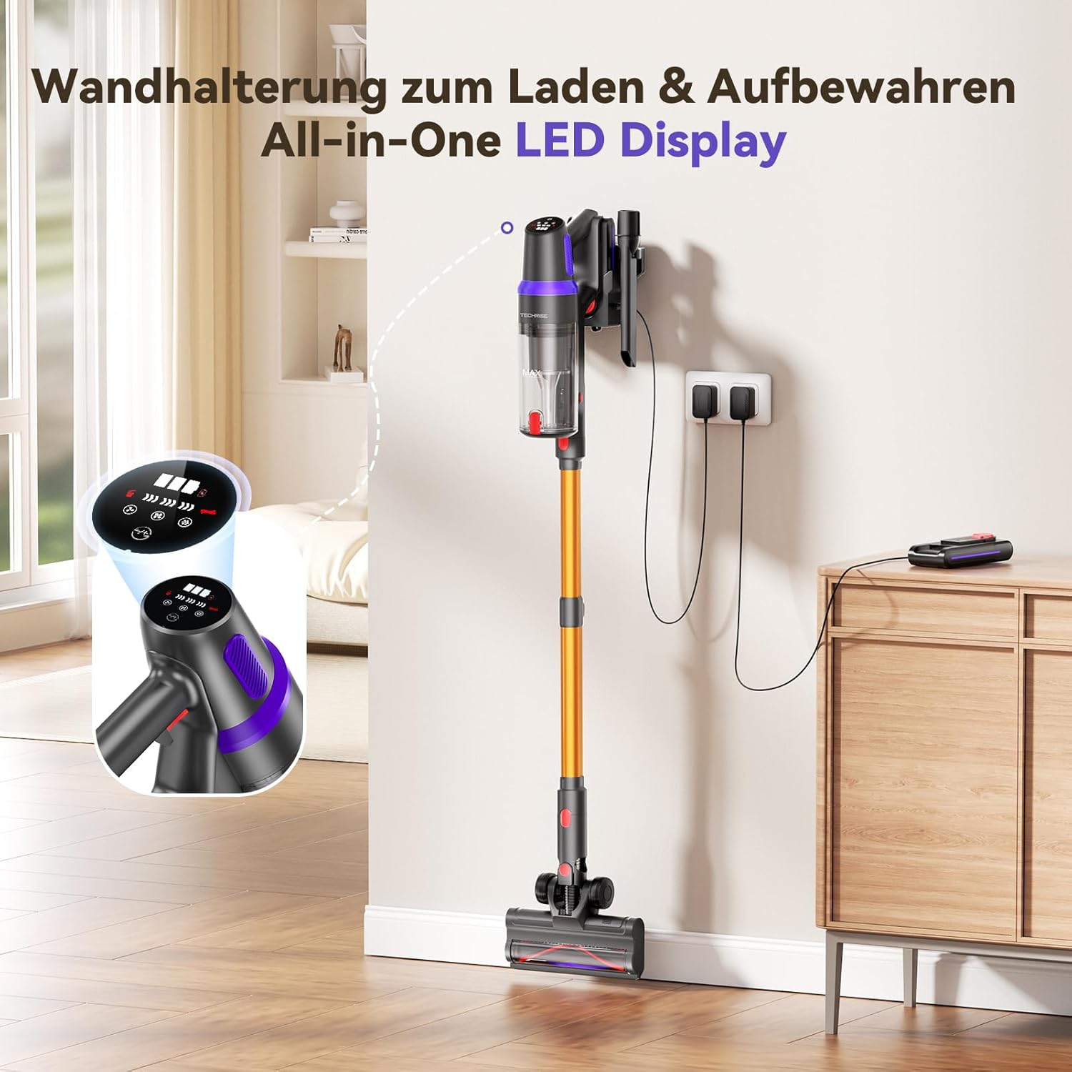 TechRise Akku-Staubsauger 45000Pa/500W/60Min, Anti-Tangle-Bürste & 8-in-1-Funktion (selbststehend) Staubsauger kabellos mit Display, Griffstaubsauger für Zuhause, Tierhaare/Teppiche/hart – Bild 9