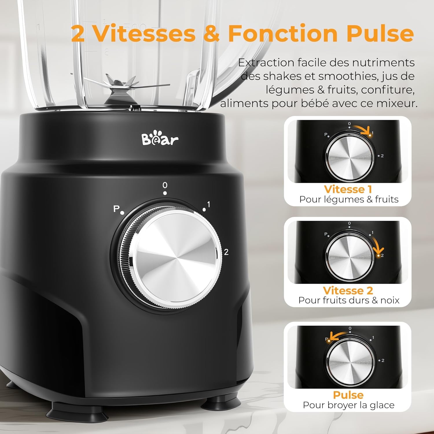 Bear Mixer Smoothie Maker 700 W, Hochleistungsmixer mit 1500 ml Mixbecher, 2 Geschwindigkeiten & Pulse-Funktion für Shakes, Smoothies, gefrorene Früchte & Ice Crush, ideal für die Küche – Bild 3