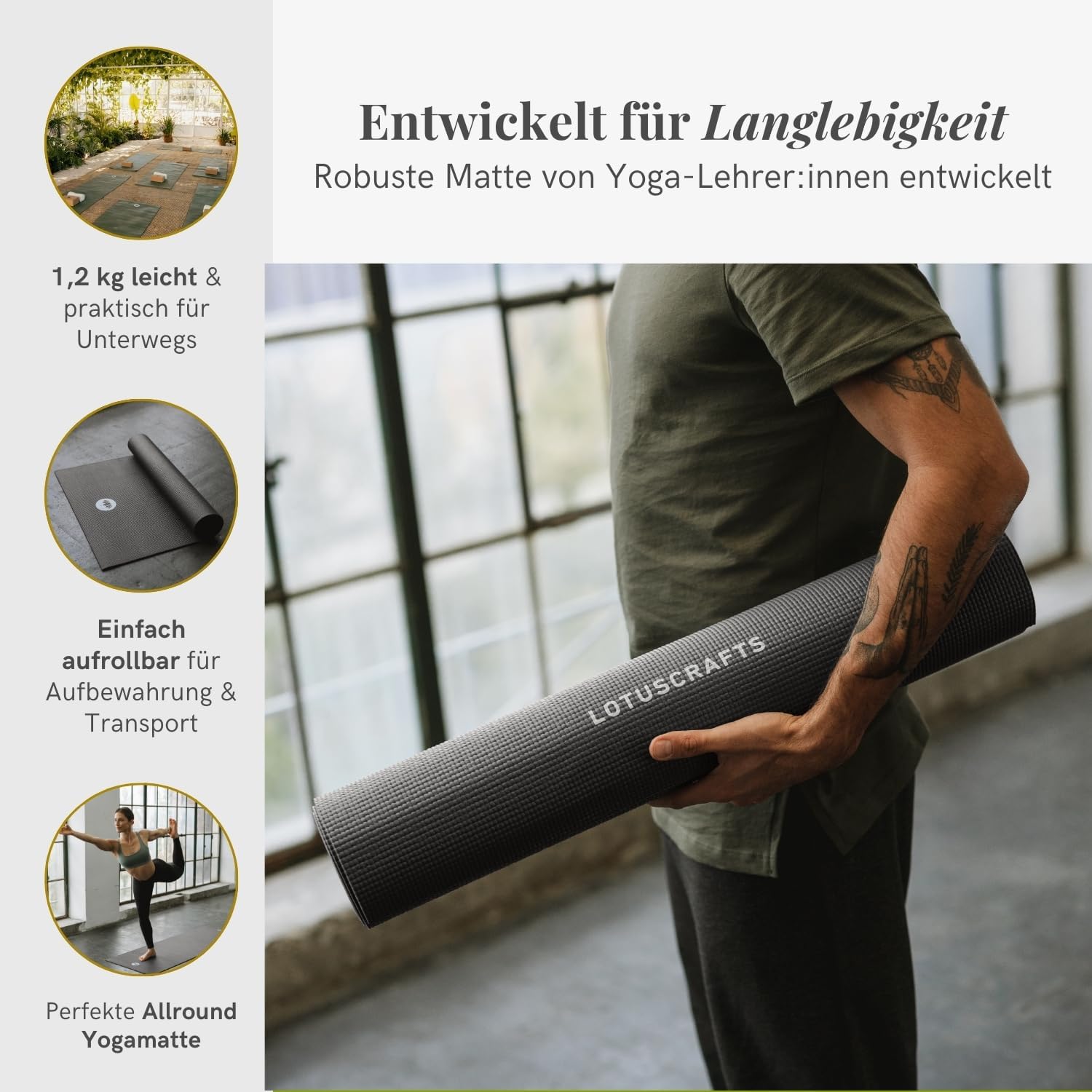 Lotuscrafts Yogamatte, rutschfest, 183 x 61 x 0,5 cm, leichte Fitnessmatte, auch als Gymnastikmatte, Sportmatte, hautfreundlich und schadstoffgeprüft – Bild 3