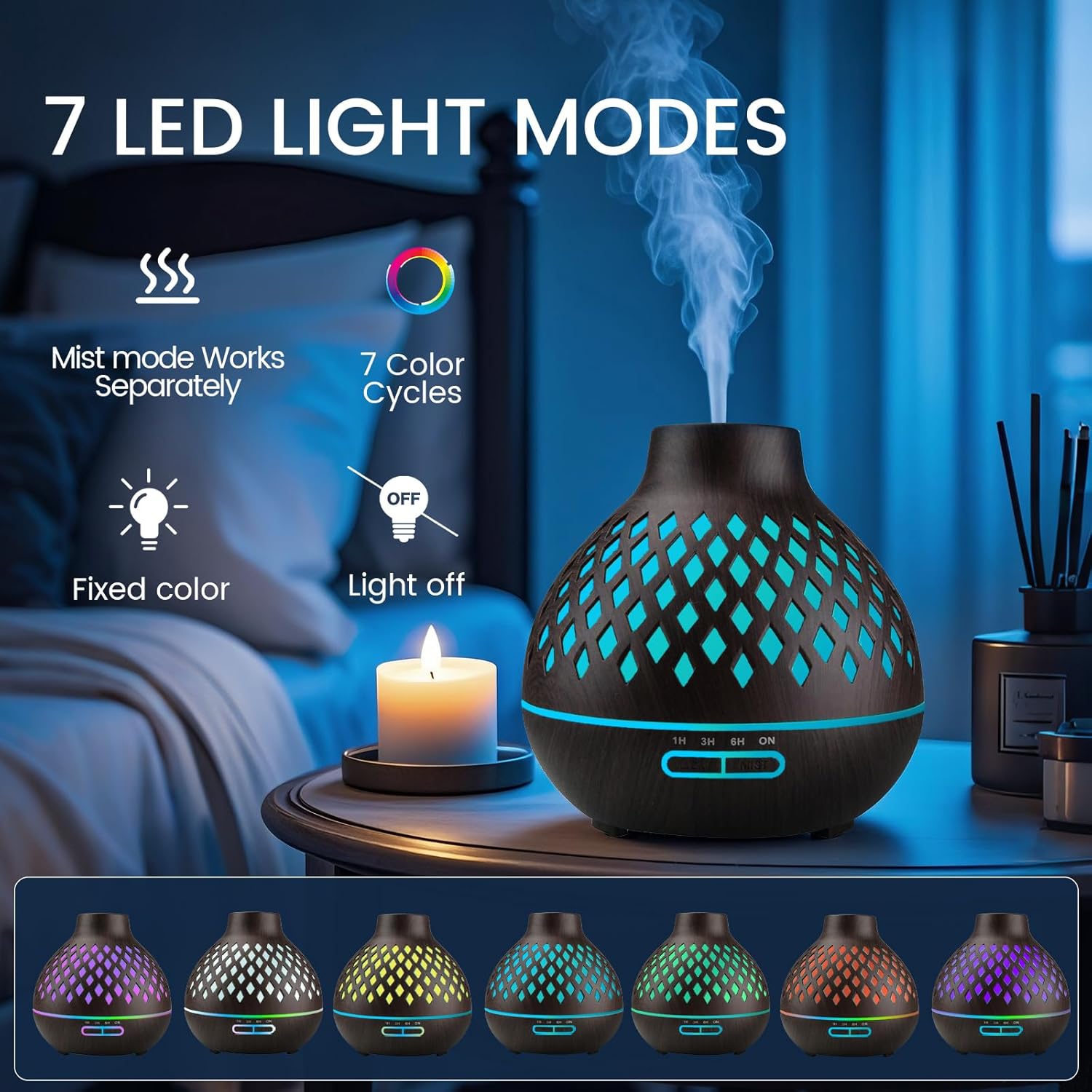 Aeshory 550 ml Aromadiffusor mit 12 x 5 ml ätherischen Ölen, Ultraschall-Aromatherapie-Diffusor mit Fernbedienung, 7 farbige LED-Lichter, 4 Timer, automatisch wasserlos, Schwarz – Bild 4