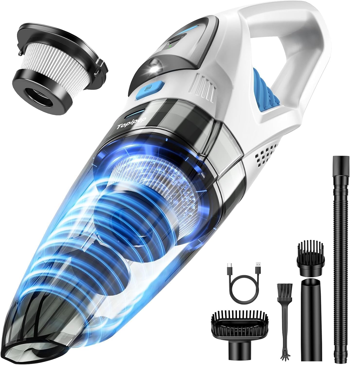 Topipop Handstaubsauger Akku mit 25000Pa starker Saugleistung, kabelloser Staubsauger mit HEPA-Filter & Aufsätzen – leichter Autostaubsauger für Tierhaare, Teppich, Zuhause, Büro, Küche (weiß)