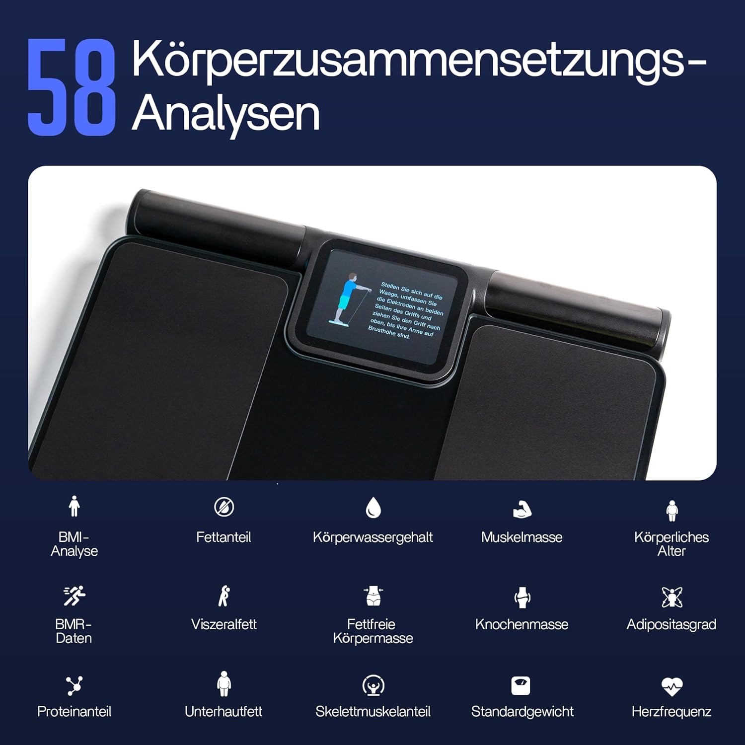 Körperanalysewaage – Intelligente Körperfettwaage mit 58 Gesundheitsmetriken, 8-Elektroden-Technologie, hochpräzise Messung, kostenlose App ohne Abonnement, Mehrbenutzer-, Bluetooth- und Berichtsfunktion – Bild 4