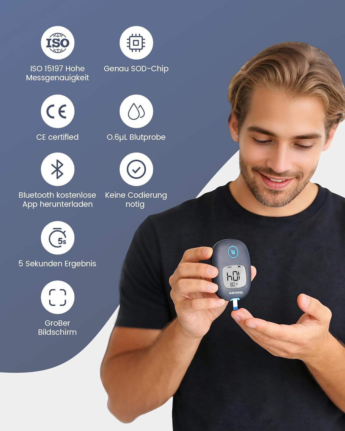 Sinocare Blutzuckermessgerät Bluetooth mit App – klinische Präzision, 5-Sekunden-Probenahme, 50 Teststreifen + 50 Lanzetten, mg/dl, sichere AQ-Luft – Bild 2