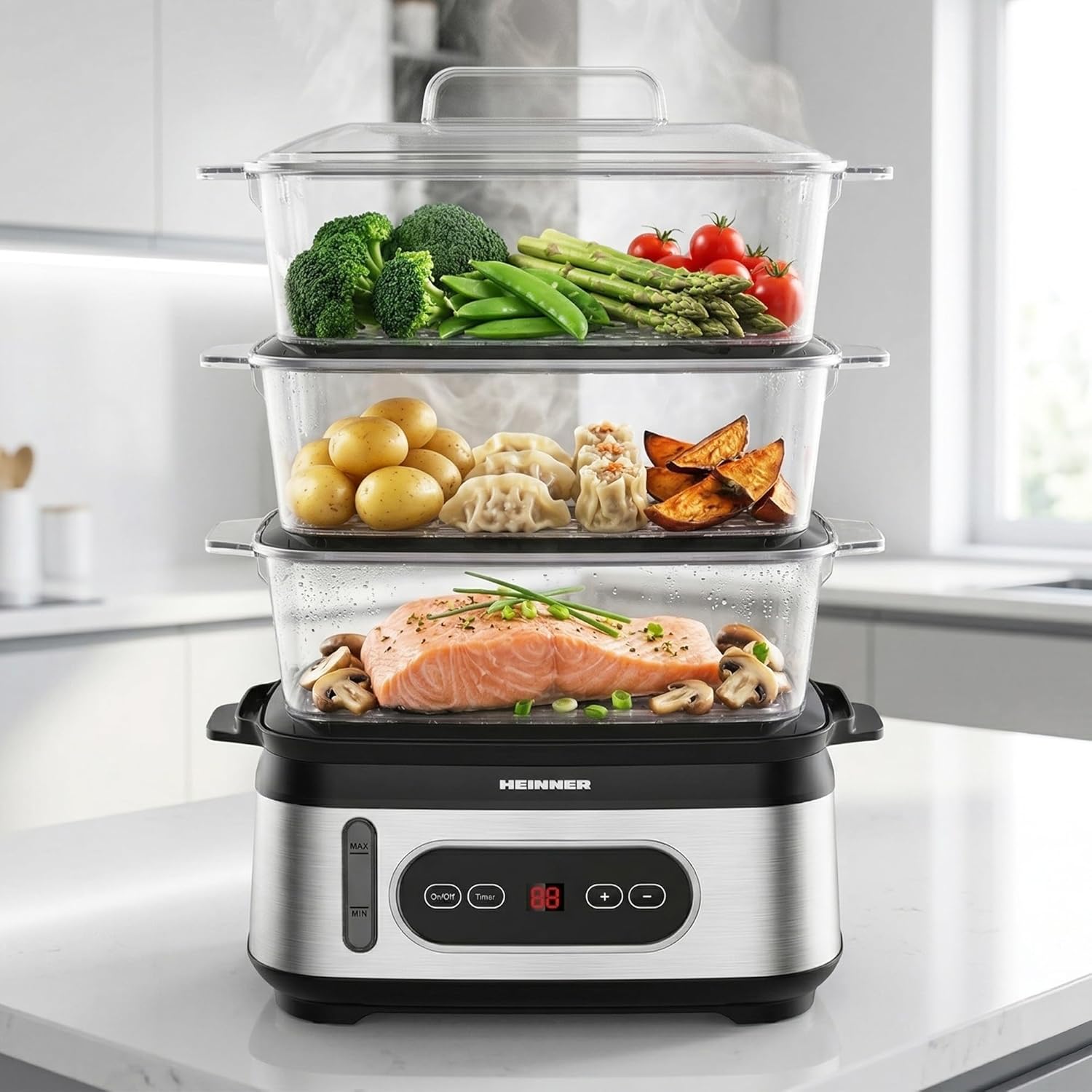 One Steam HSA-D950SS Elektrischer Dampfgarer, 9 l, 3 Stufen, BPA-frei, LED-Display, digitaler Timer 0–90 Min., Startauswahl 12 Stunden, automatische Abschaltung, spülmaschinenfest, inklusive 950 W, Modell ONE – Bild 2