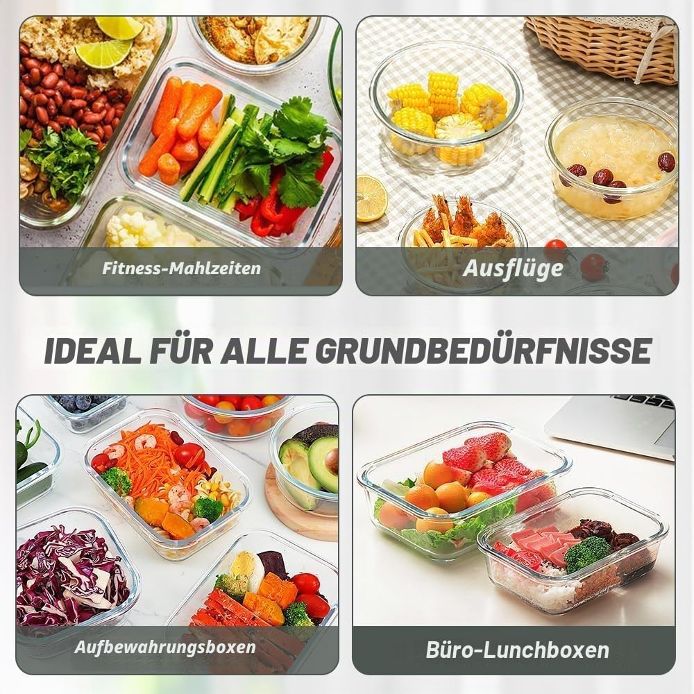 VERONES 12er-Pack Glas-Crisper-Seet, luftdichte Lunchboxen aus Glas, stapelbar mit Deckel, gefrier- und spülmaschinenfest, grau – Bild 5