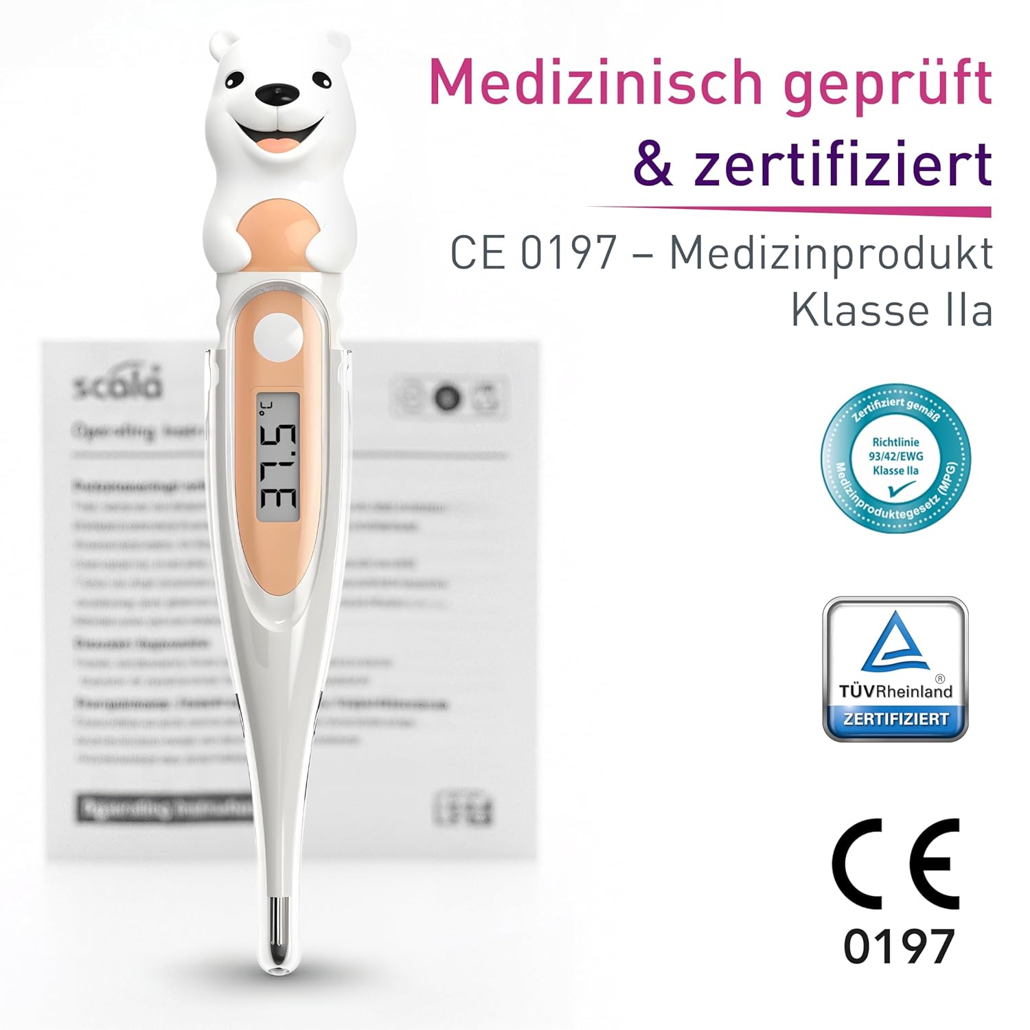 scala SC 44 flex Digitales Fieberthermometer Baby & Kinder – 10 Sekunden Messzeit, flexible Spitze, Fieberalarm, wasserdicht – oral, rektal & axillär – Eisbären-Motiv – Bild 6