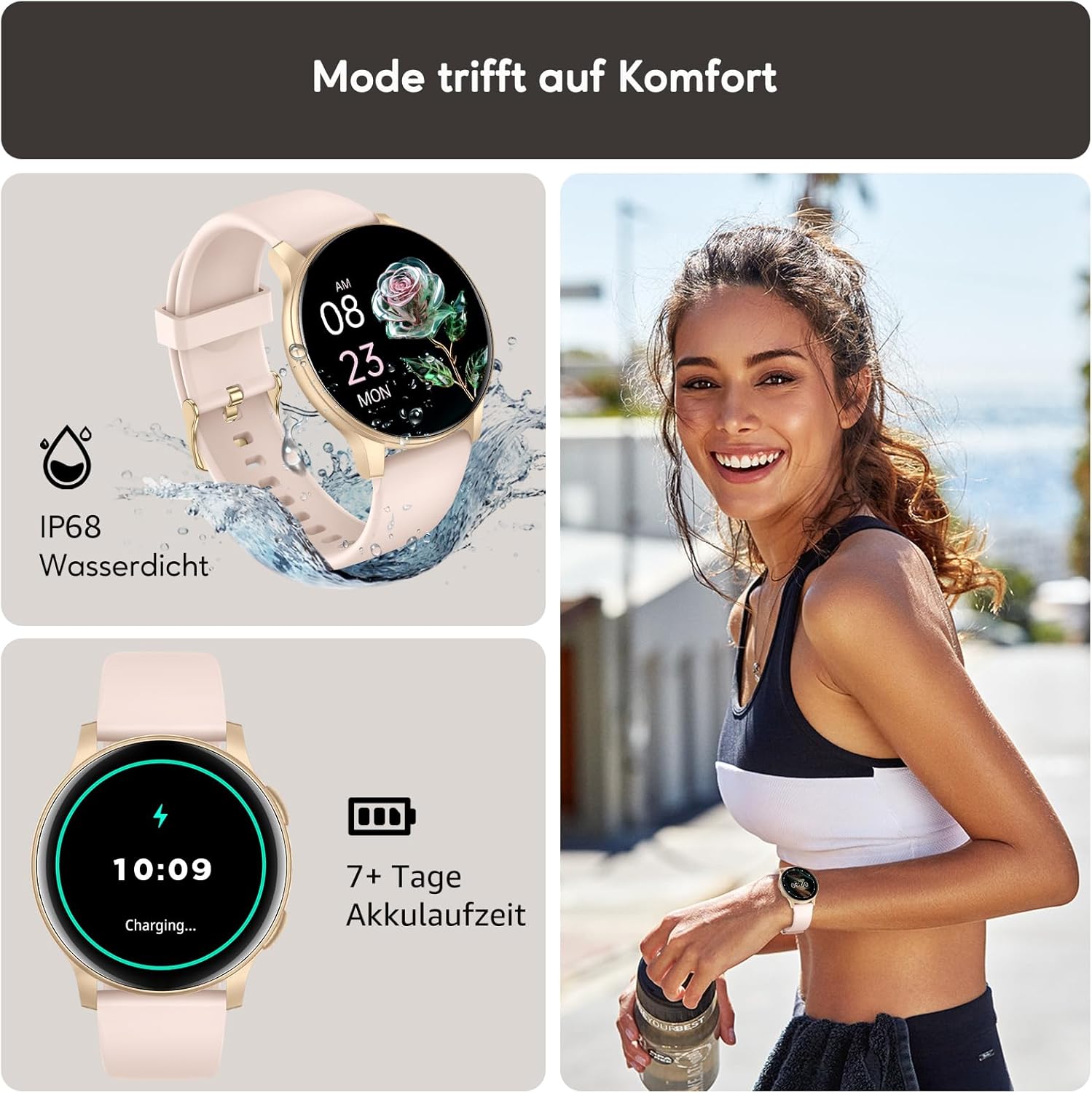AcclaFit Smartwatch Damen Herren 1,38 Zoll HD-Display Smartwatch mit Bluetooth-Anrufen, Fitness-Tracker mit Herzfrequenz-SpO2-Schlafmonitor Schrittzähler IP68 wasserdichte Fitnessuhr für iOS Pink – Bild 6