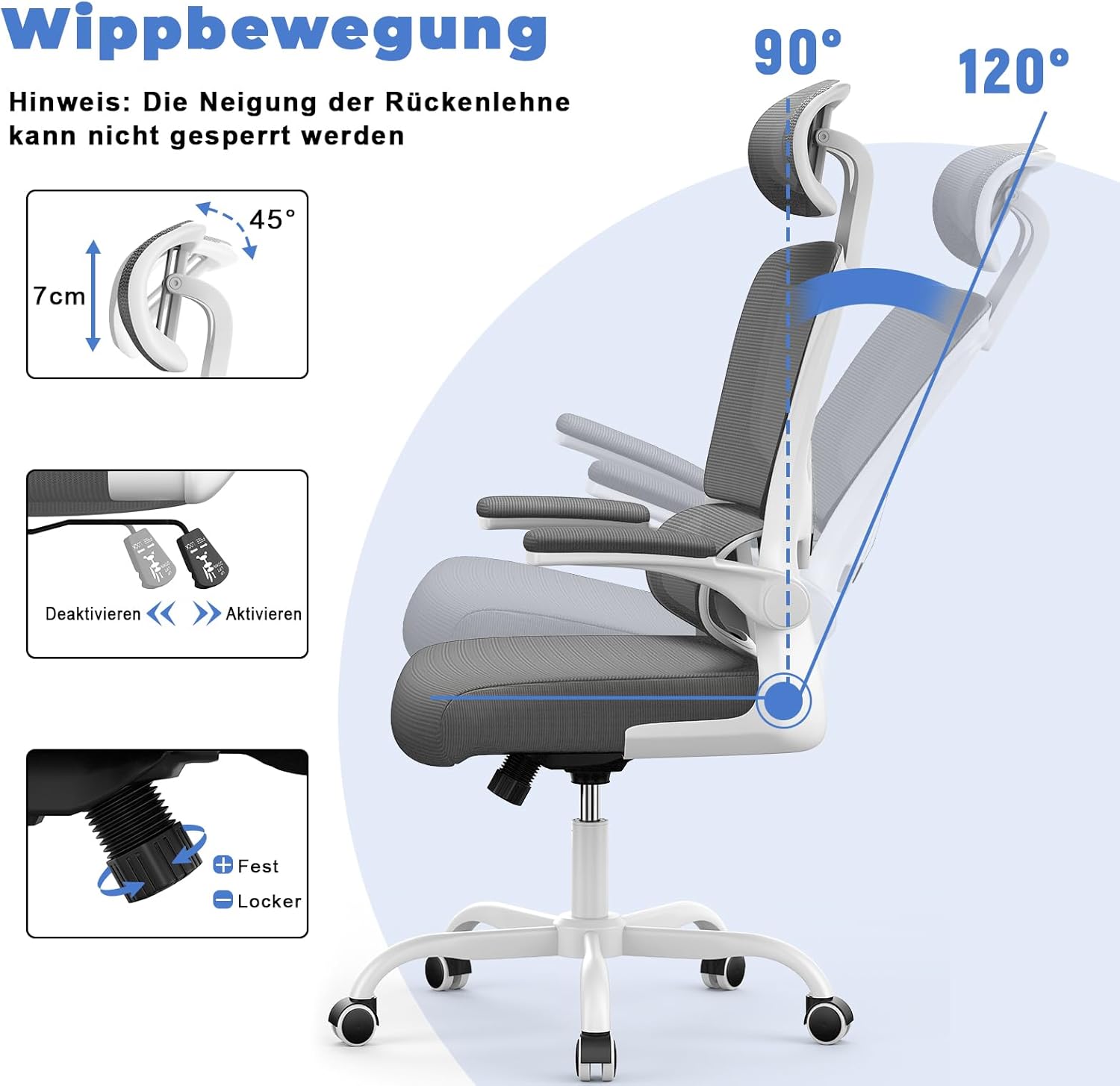 naspaluro Bürostuhl, Ergonomischer Schreibtischstuhl mit verstellbarer Kopfstütze, Armlehnen, dynamischer Lordosenstütze, Drehstuhl mit atmungsaktivem Netzbezug für das Home Office, Dunkelgrau – Bild 5