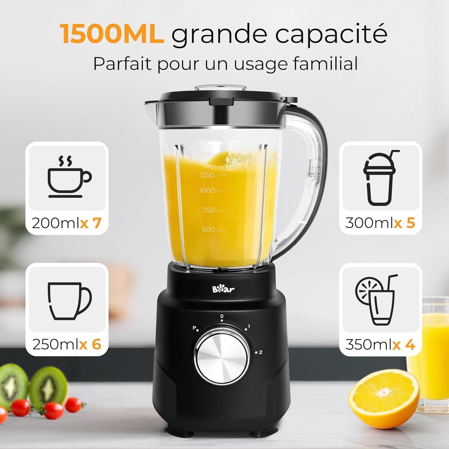 Bear Mixer Smoothie Maker 700 W, Hochleistungsmixer mit 1500 ml Mixbecher, 2 Geschwindigkeiten & Pulse-Funktion für Shakes, Smoothies, gefrorene Früchte & Ice Crush, ideal für die Küche – Bild 2