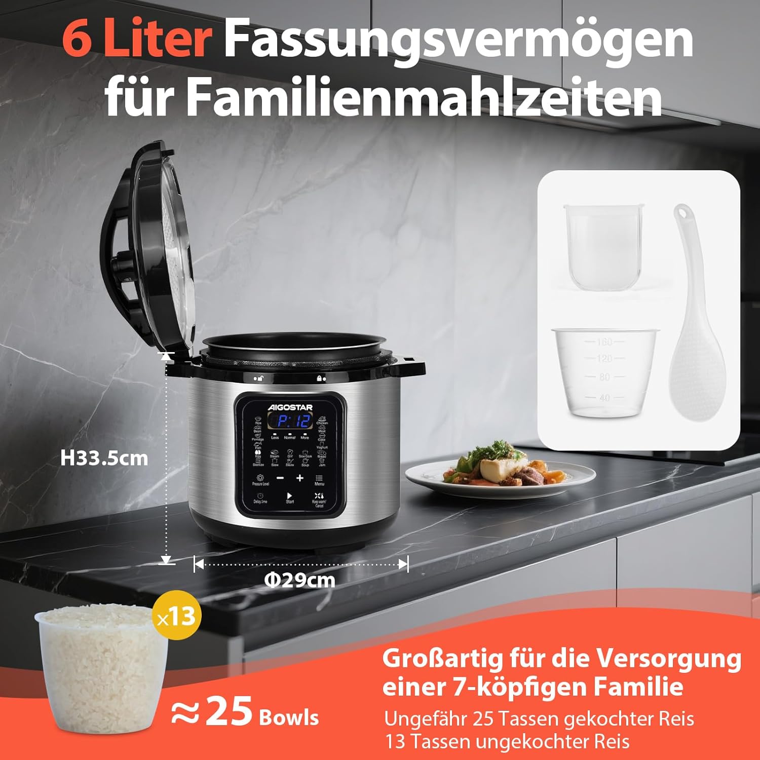 Aigostar Schnellkochtopf, 6 Liter, 18-in-1-Multikocher, antihaftbeschichtet, einfache Reinigung, 1000 W, Schnellkochtopf, Reiskocher, Schongarer, Dampfgarer, Joghurtbereiter, Speisenwärmer mit farbigem Rezeptbuch – Bild 7