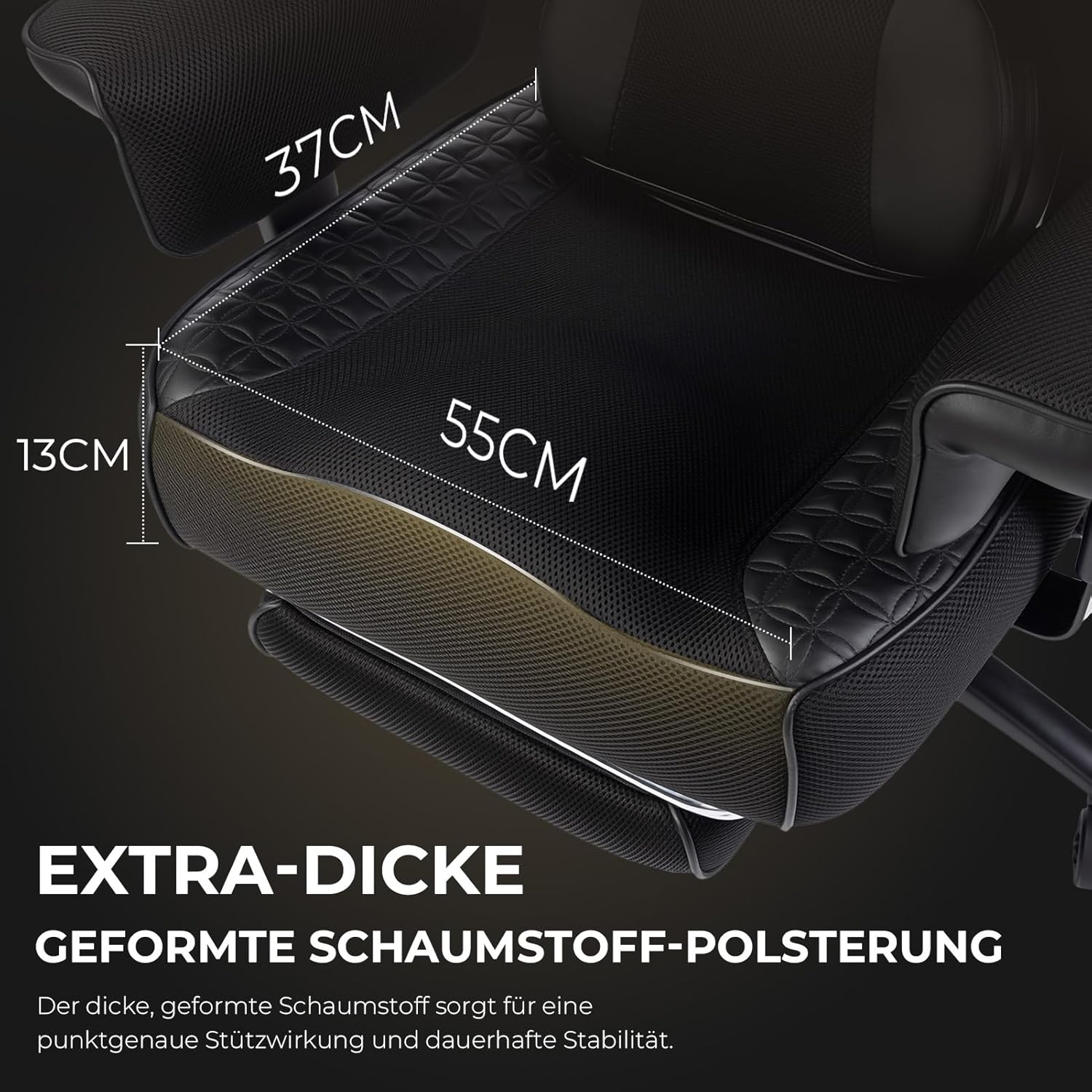 Dowinx XXL Bürostuhl mit Massage-Lendenkissen und extra dicker Sitzpolsterung, Chefsessel mit atmungsaktivem Netz & verstellbaren Armlehnen, ergonomischer Schreibtischstuhl mit Fußstütze, Schwarz – Bild 2