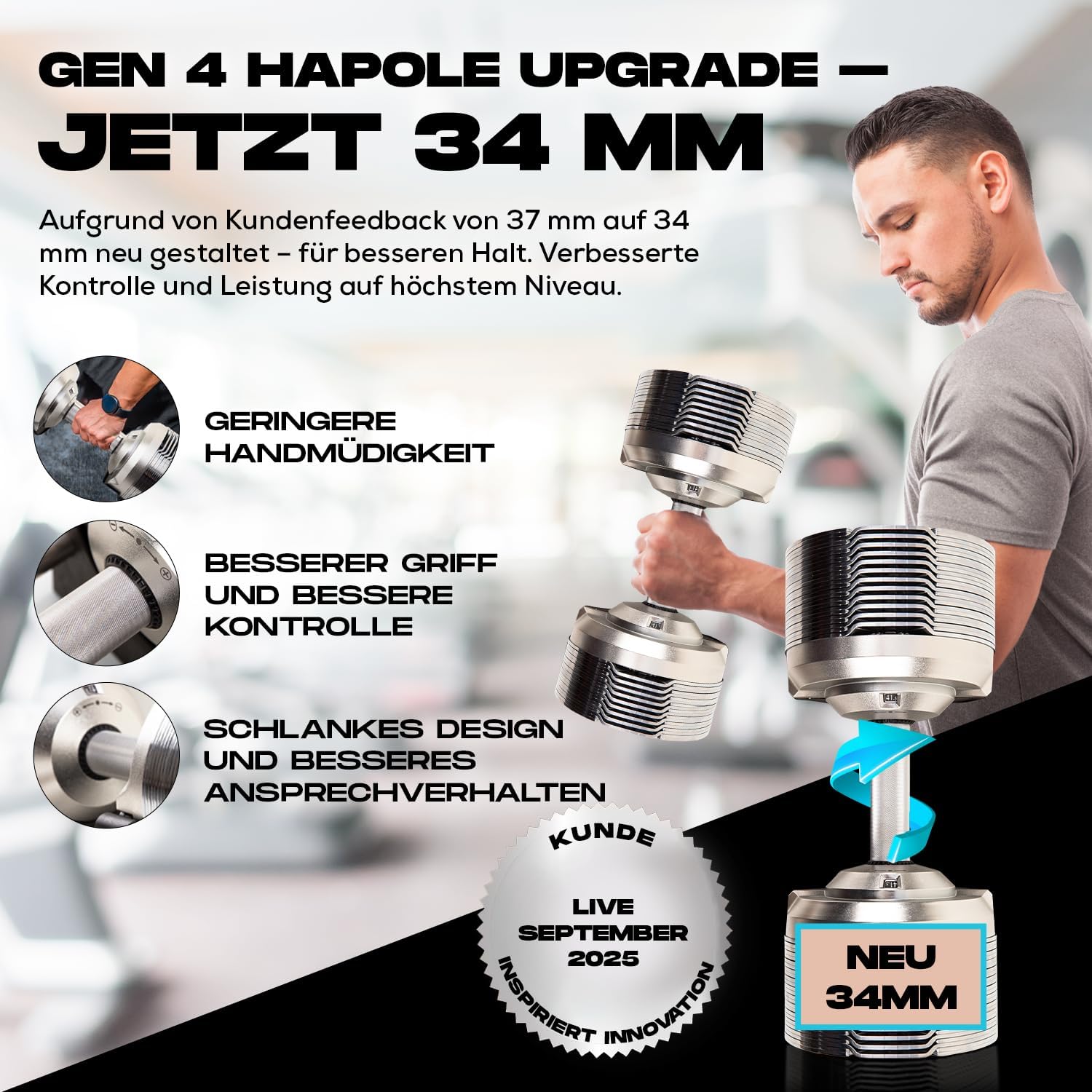 Verstellbares Hantelset von BRAINGAIN 23,5 kg / 32,5 kg / 41,5 kg – Jetzt mit 34 mm Gen 4-Griff – Gewichte in 1 Sekunde wechseln – Platzsparendes Homegym – Mehrere Gewichte in einem – Chrom/Schwarz – Bild 7