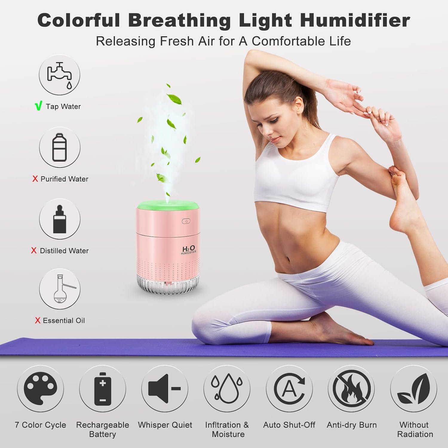 Karfun Schlafzimmer-Luftbefeuchter, Füllung von oben, 2 Sprühmodi (Rosa) | Leiser Desktop-Luftbefeuchter mit 7-Farben-Licht, automatische Abschaltung, Büro, Schlafzimmer, Auto, 350 ml – Bild 4