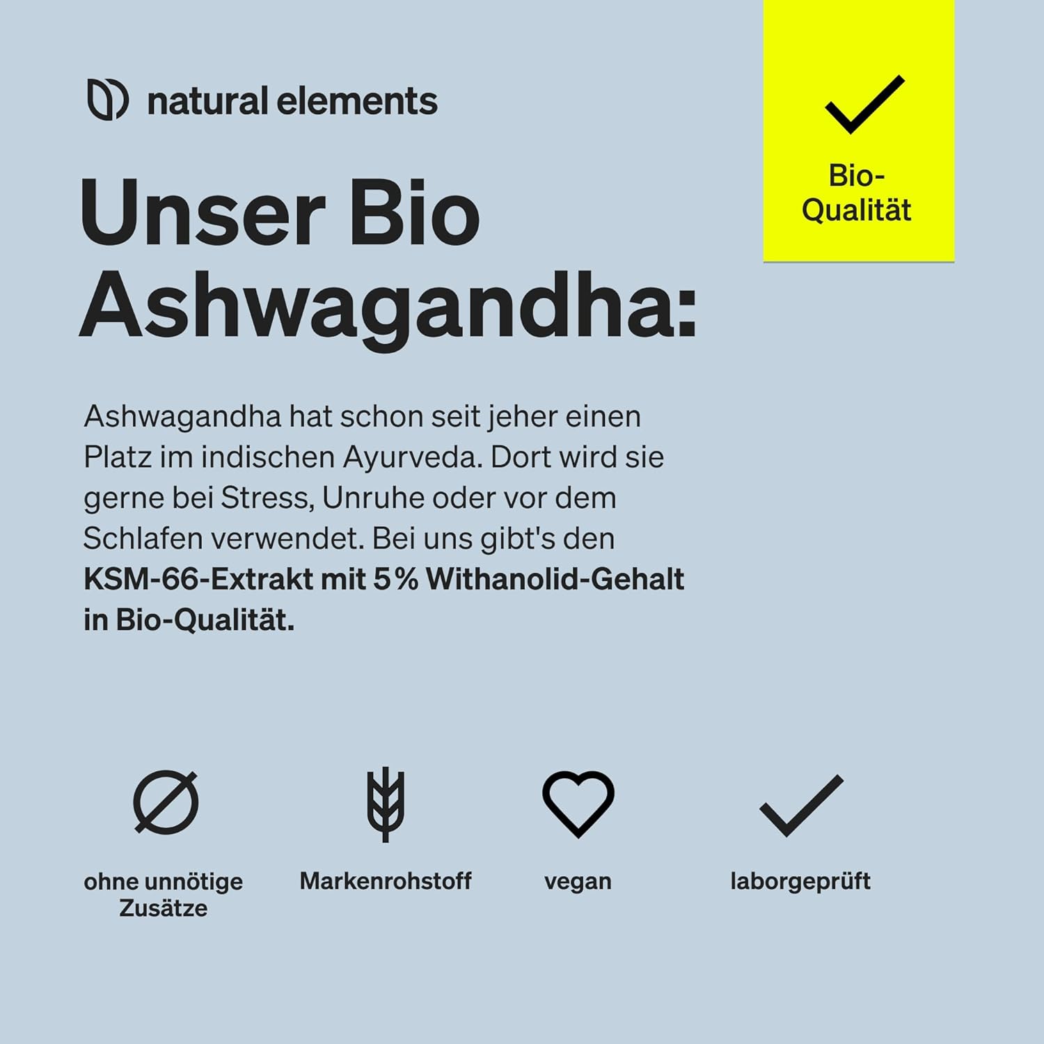 natural elements Bio-Ashwagandha – KSM-66 Premium-Rohstoff (180 Kapseln mit überdurchschnittlicher Reichweite) – 5 % Withanolid-Gehalt – Laborgeprüft, vegan und hochdosiert – Bild 3