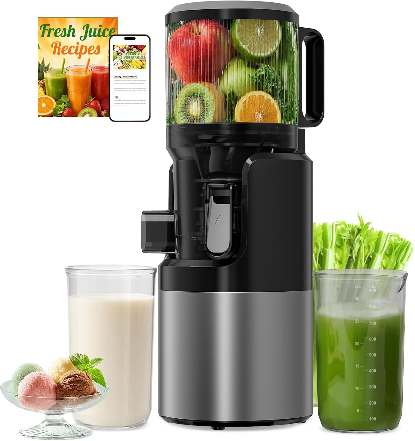 Slow Juicer 400 W mit 152 mm extra großem Einfüllschacht für ganze Früchte und Gemüse, hohe Saftausbeute, 3-in-1-Sieb (Saft, Sorbet und Nussmilch), BPA-frei, spülmaschinenfest, 1,8 l
