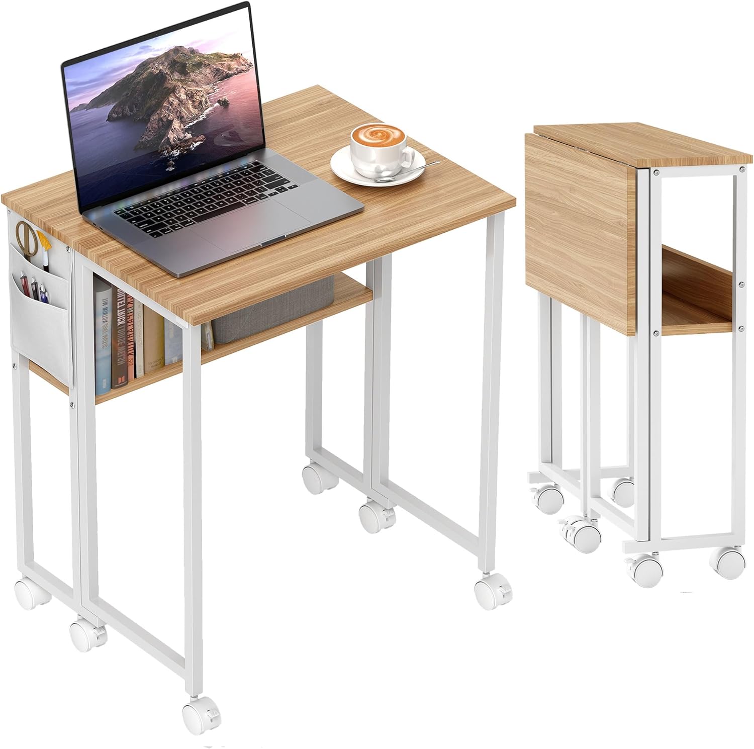 HOMCOM Klappschreibtisch, kleiner 63 cm Klappschreibtisch mit Rollen, platzsparend, Computertisch mit Ablage, Aufbewahrungstasche, für Home Office, Natur