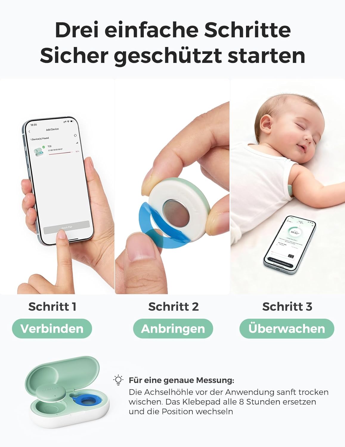 Momcozy Baby-Fieberthermometer, digitales Smart-Baby-Thermometer mit App, ±0,1 °C Präzision, kontinuierliche Überwachung für Neugeborene, hypoallergenes 3M-Pflaster, 180-Stunden-Akku – Bild 7