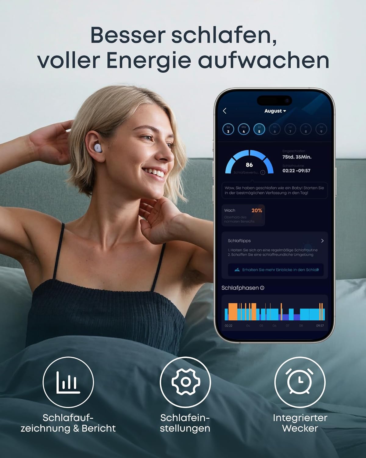 soundcore Anker Sleep A30 Schlafkopfhörer, geräuschmaskierende Bluetooth-Kopfhörer, adaptives Schnarchmaskensystem, besonders bequem für Seitenschläfer, 45-Stunden-Akku – Bild 7