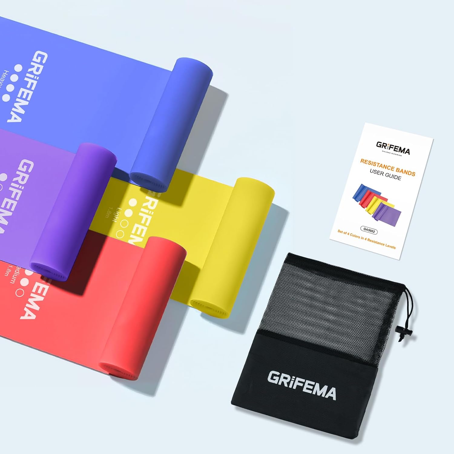 GRIFEMA Fitnessbänder (4er-Set), Übungsband mit 4 Widerstandsstufen, Fitnessband mit Tragetasche & Übungsanleitung, Widerstandsbänder für Yoga, Pilates, Blau, Rot, Gelb, Lila – Bild 7