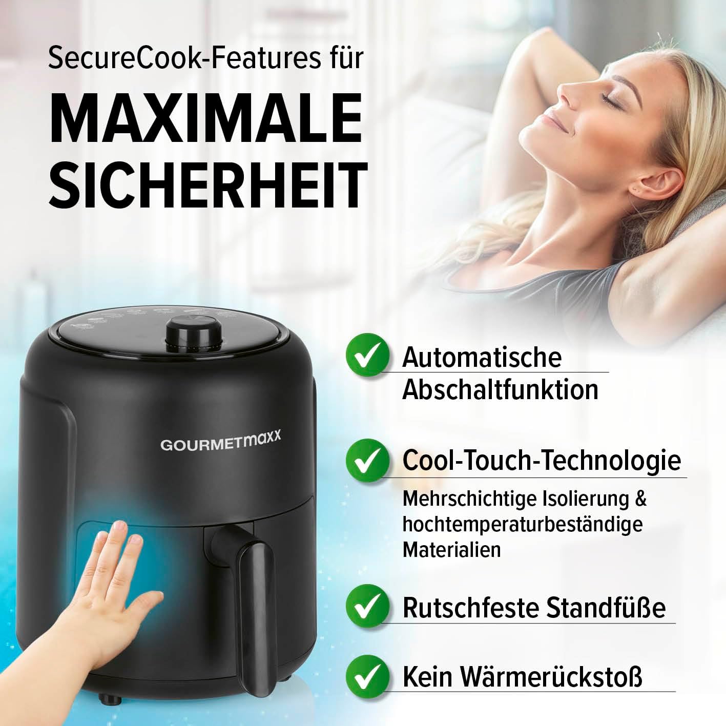 GOURMETmaxx Heißluftfritteuse 2,3 L | Airfryer mit 60-Minuten-Timer und 9 Funktionen, einschließlich Vorheizen und Warmhalten | Energiesparendes & geruchsarmes Frittieren – nahezu ohne Öl | 1000 W – Bild 8