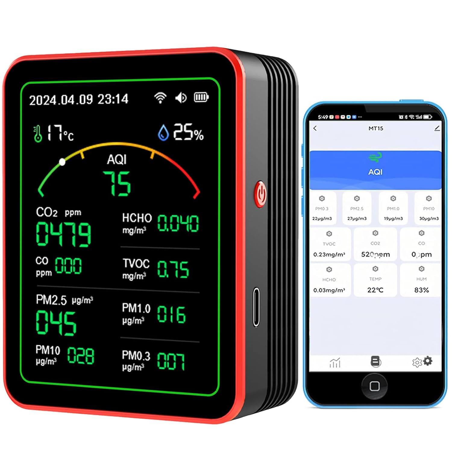 15-in-1-WLAN-Raumluftqualitätsmonitor mit App, CO₂-, TVOC-, HCHO-, PM2,5- und PM10-Monitor, Temperatur- und Luftfeuchtigkeitsanzeige, Farbdisplay, Luftqualitätsalarm für Zuhause und Büro