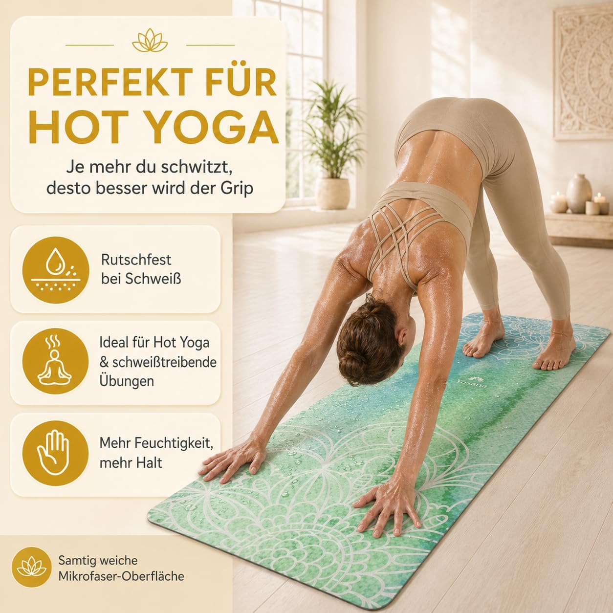 Yosana Yogamatte aus Naturkautschuk – rutschfeste, nachhaltige Yogamatte mit Mikrofaseroberfläche zur schnellen Aufnahme von Schweiß – maschinenwaschbare Sportmatte – 183 x 68 cm – Bild 3
