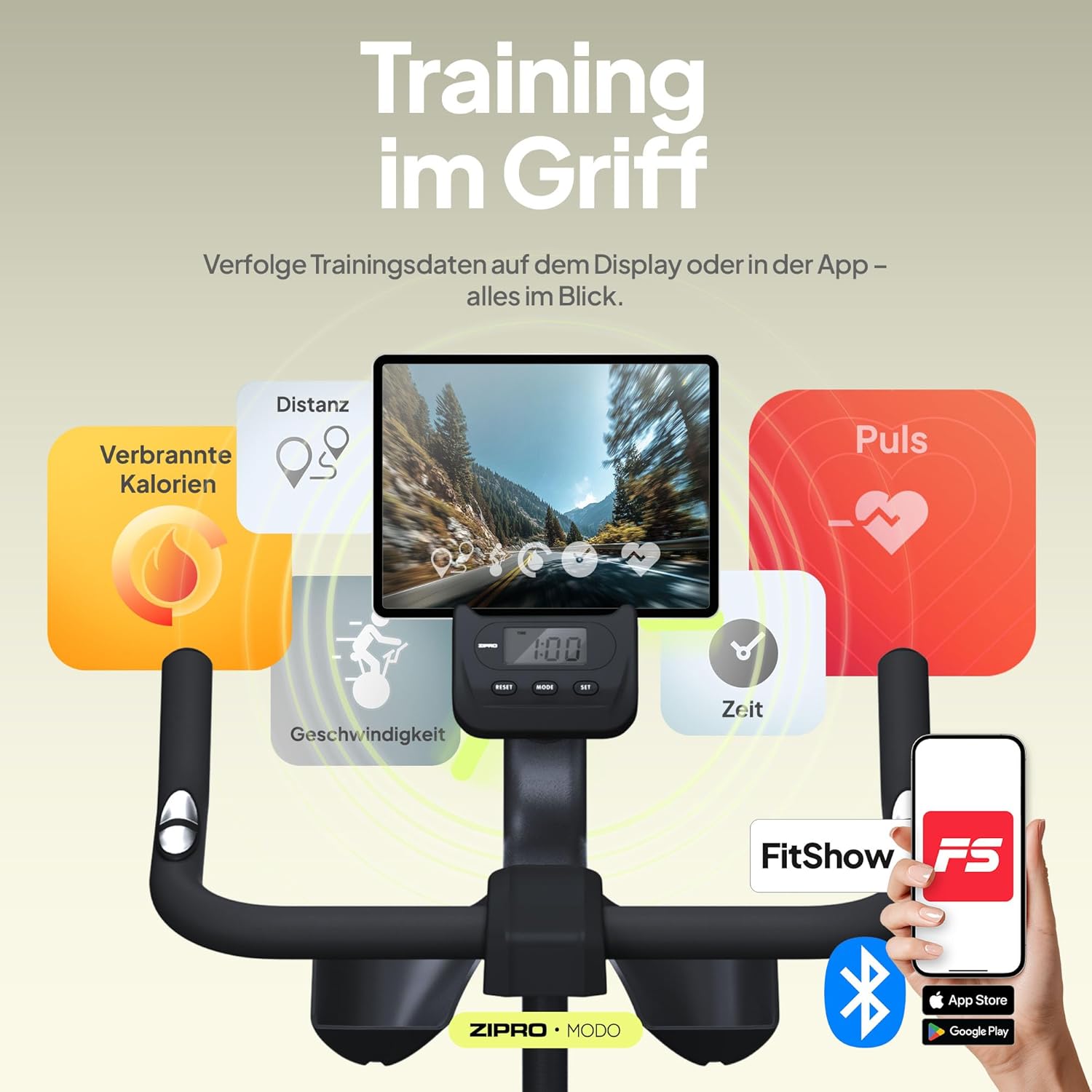 ZIPRO Modo Heimtrainer, Heimtrainer, Ergometer, Fahrrad, Indoor-Training für Zuhause, Cardio-Fitnessgerät, stationär, 120 kg Tragkraft, mit App-Raum, Fahrrad, Fahrradtrainer-Bildschirm – Bild 9
