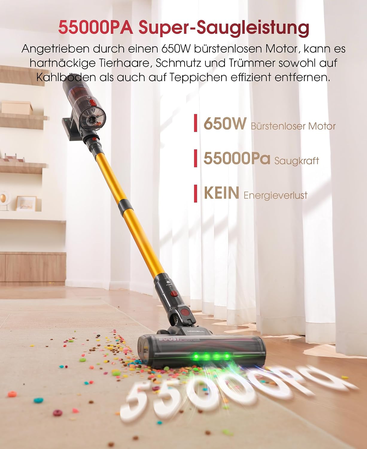 Uninell Home Akku-Staubsauger 55.000 Pa/650 W/70 Min. Upgrade, kabelloser Staubsauger mit 1,6 l großem Staubbecher, selbstaufladend mit LED-Touchscreen/Anti-Tangle-Bürste für Tierhaare, Hartböden, Teppiche – Bild 4