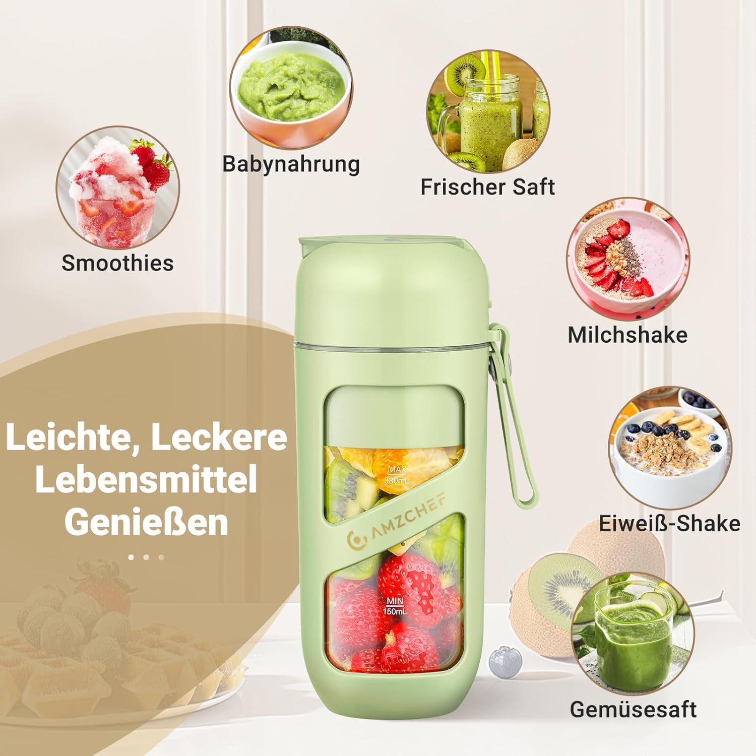 AMZCHEF Smoothie Maker To Go – Antioxidativer Vakuum-Flaschenmixer mit 10 Klingen für frischen Saft, Smoothie und Shake – tragbarer Mini-Mixer für Sport, Reisen – Grün – Bild 8