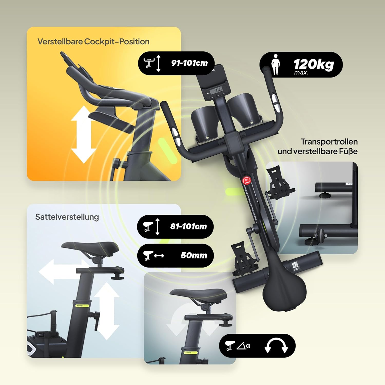 ZIPRO Modo Heimtrainer, Heimtrainer, Ergometer, Fahrrad, Indoor-Training für Zuhause, Cardio-Fitnessgerät, stationär, 120 kg Tragkraft, mit App-Raum, Fahrrad, Fahrradtrainer-Bildschirm – Bild 4
