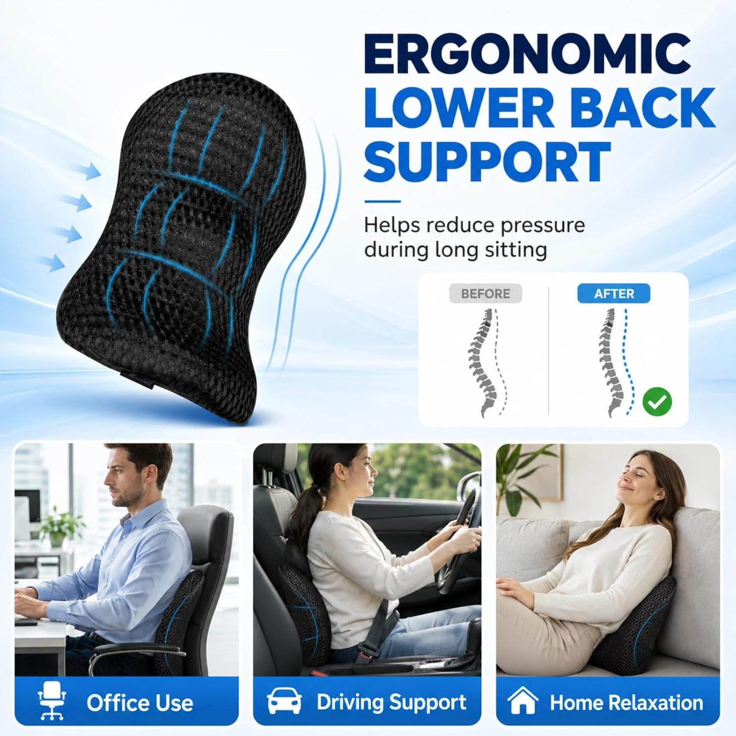 Ergonomisches Memory-Schaum-Lendenkissen, atmungsaktive Rückenstütze mit verstellbarem Riemen, abnehmbarer, waschbarer Bezug für Bürostuhl, Auto und Zuhause – Bild 7