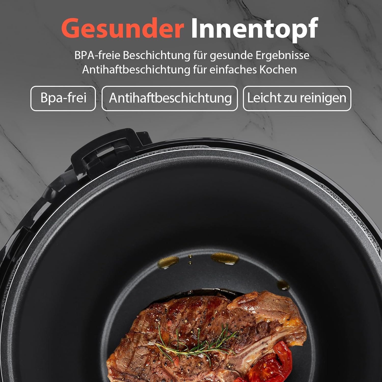 Aigostar Schnellkochtopf, 6 Liter, 18-in-1-Multikocher, antihaftbeschichtet, einfache Reinigung, 1000 W, Schnellkochtopf, Reiskocher, Schongarer, Dampfgarer, Joghurtbereiter, Speisenwärmer mit farbigem Rezeptbuch – Bild 5