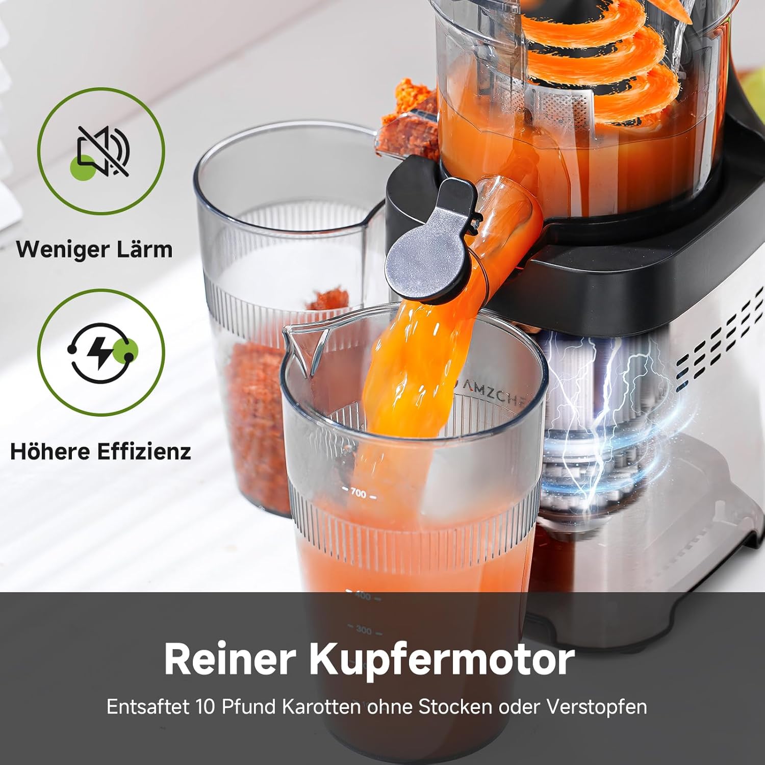 AMZCHEF Entsafter – Slow Juicer mit 120 mm Breite und größerem Einfüllschacht für ganzes Gemüse und Obst – leicht zu reinigender Entsafter mit 2 Gläsern – Silber – Bild 4