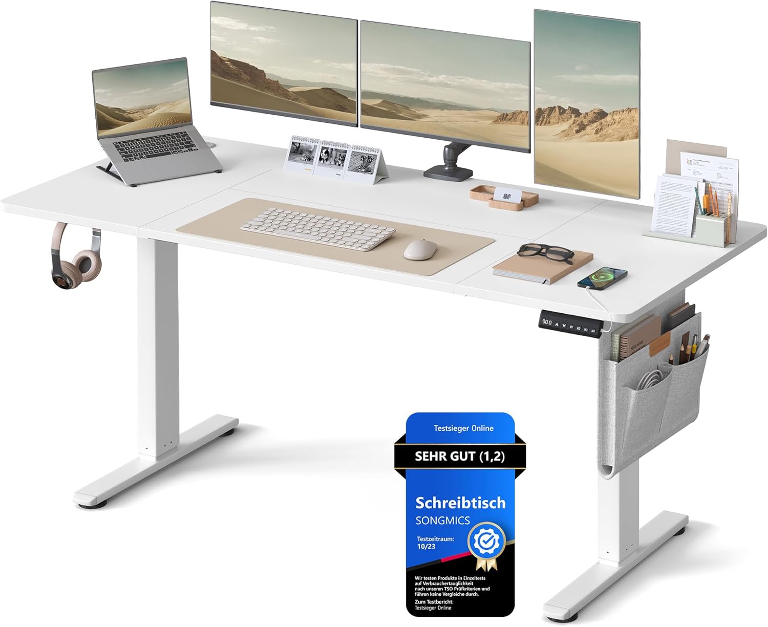 SONGMICS LSD136W01 Höhenverstellbarer elektrischer Schreibtisch, 70 x 160 x 72–120 cm, Memory-Funktion mit 4 Höhen, für Home Office, Arbeitszimmer, Wolkenweiß