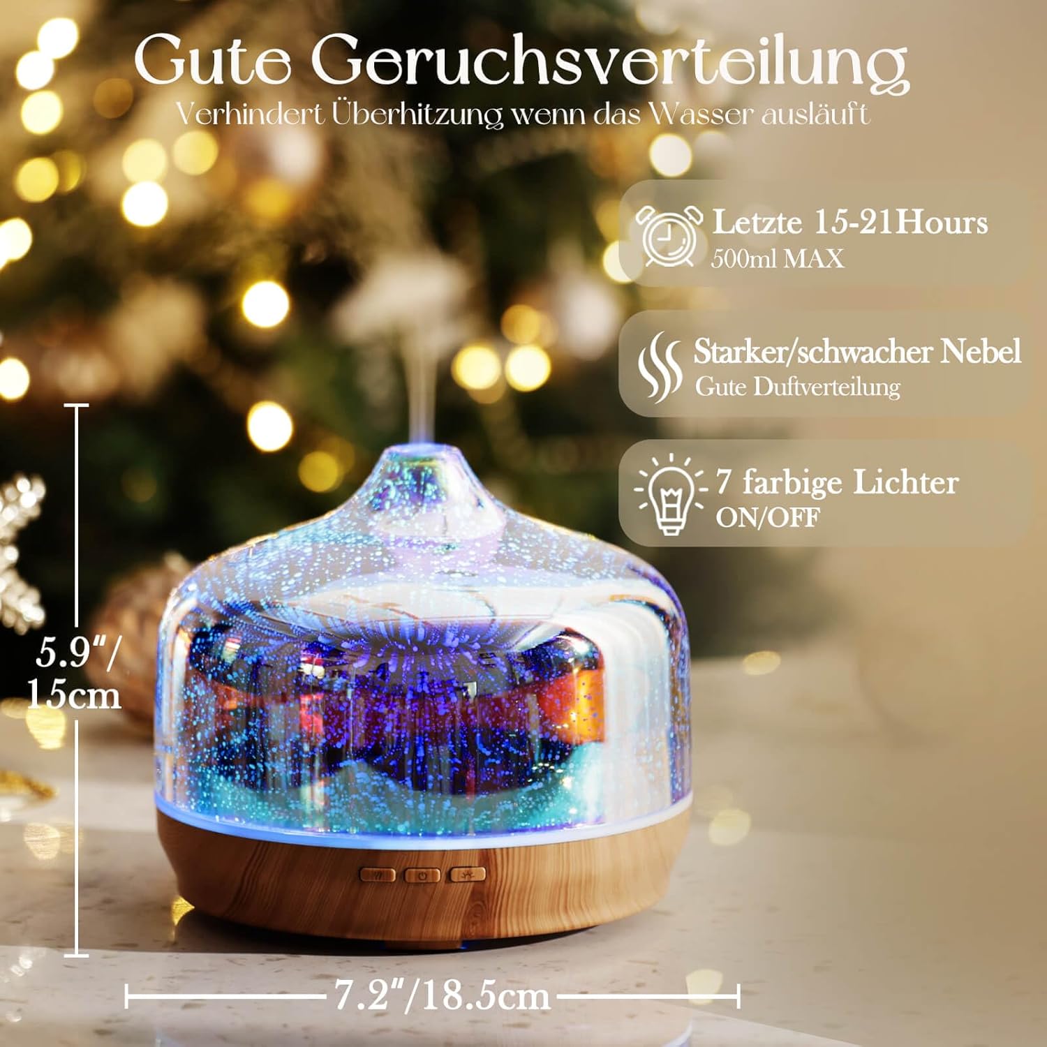 Porseme Aromadiffusor 500 ml, mundgeblasener 3D-Glasbefeuchter, Ultraschall-Aromatherapie-Öldiffusor mit 7 farbigen LED-Lichtern, Diffusor für ätherische Öle, hält 15–21 Stunden, BPA-frei für den Heimgebrauch – Bild 2
