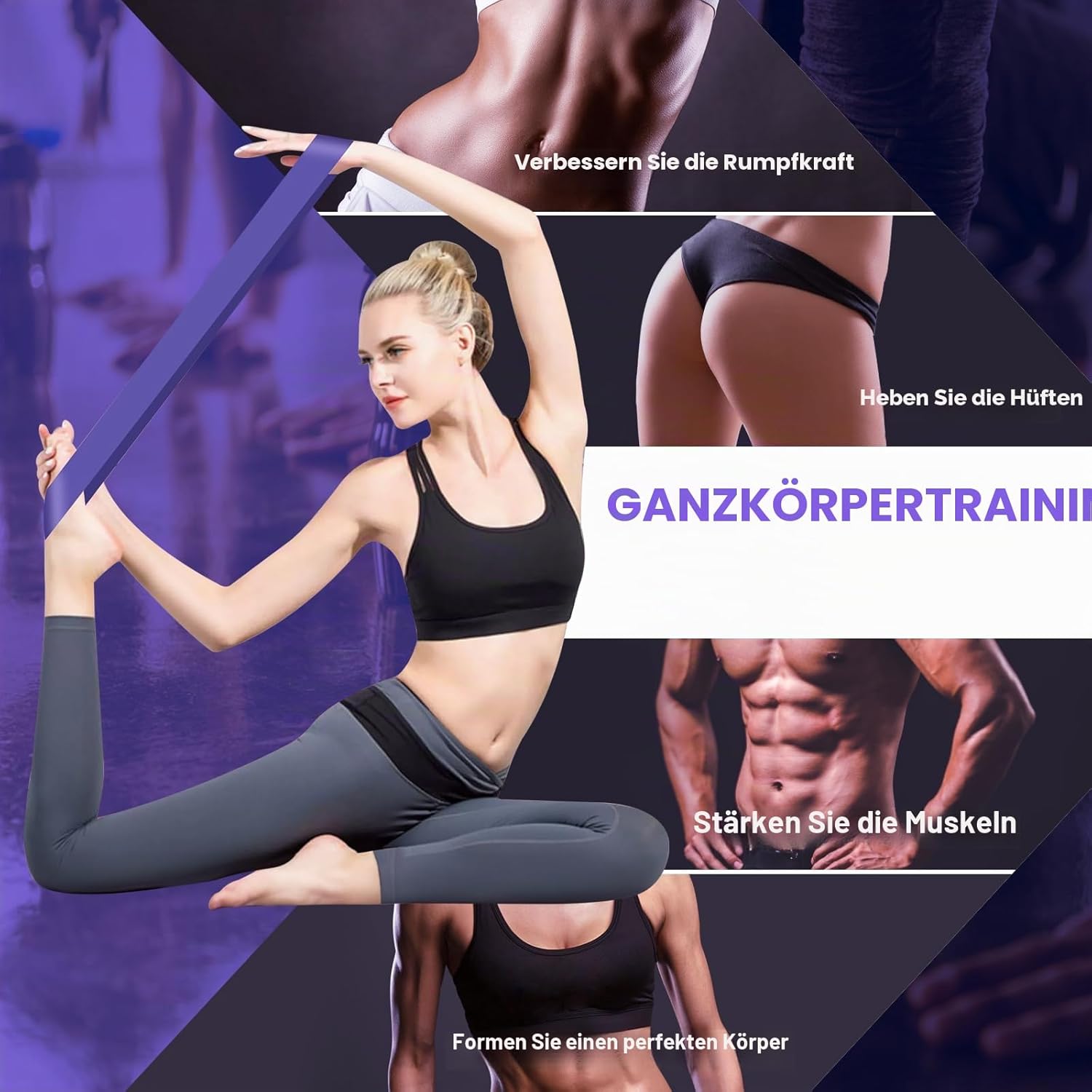 Fokky Fitnessbänder (5er Set), 100% Naturlatex Resistance Bands Widerstandsbänder mit Übungsanleitung auf Deutsch & Tragebeutel, Gymnastikband Fitnessband für Muskelaufbau Pilates Yoga – Bild 4