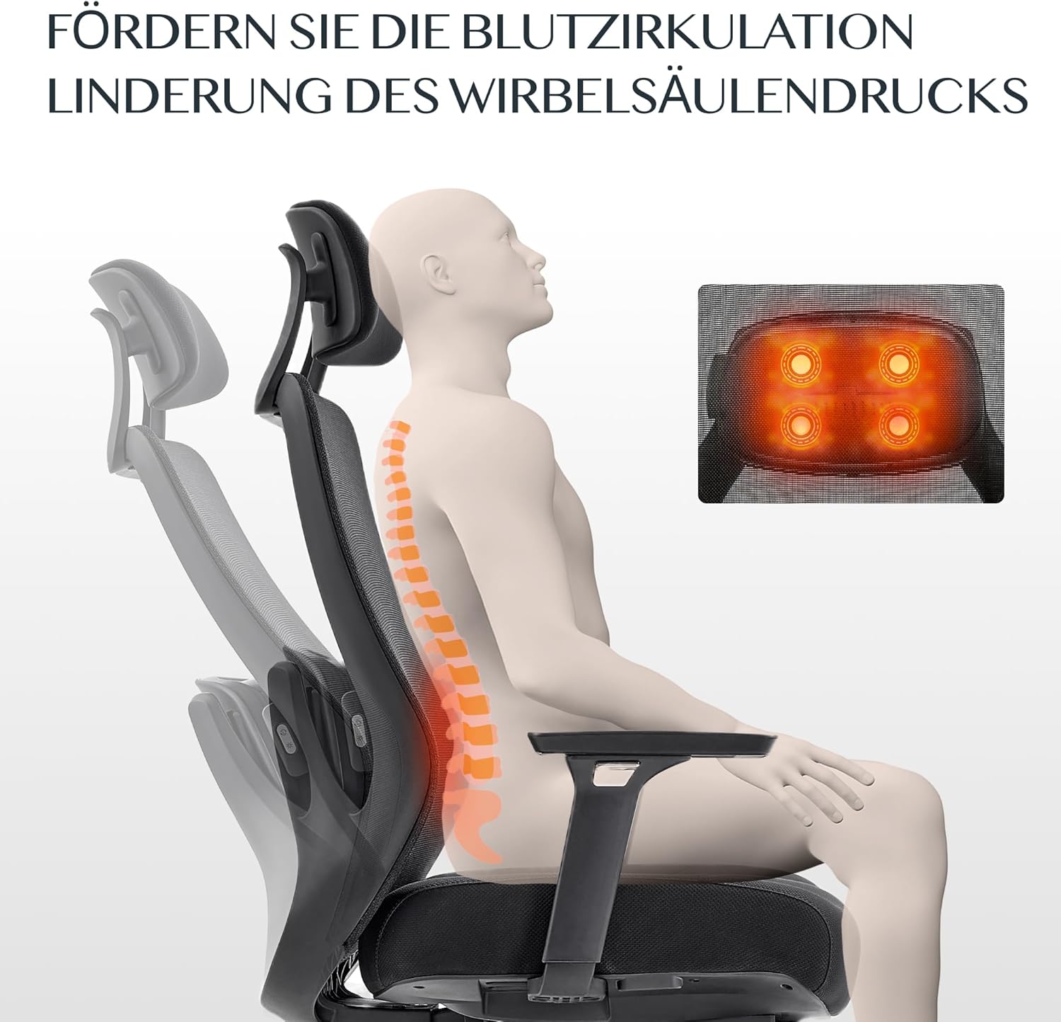 FLEXISPOT MasterEase Massage-Bürostuhl mit Fußstütze und Gummirädern, ergonomischer Schreibtischstuhl mit 2D-Lendenwirbelstütze mit Heiz- und Massagefunktion, 4-fach verstellbare Rückenlehne, Schwarz – Bild 4