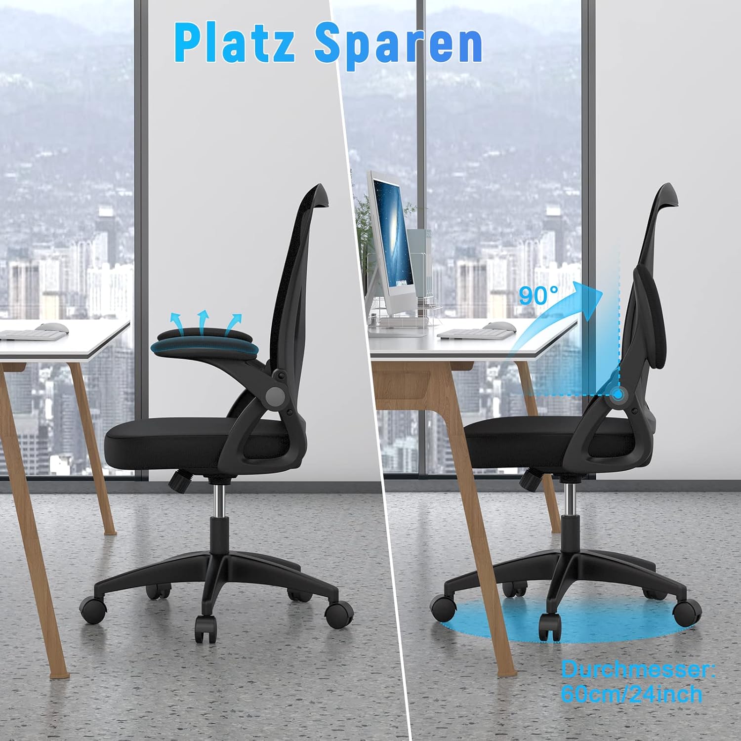 naspaluro Bürostuhl mit verstellbaren Armlehnen, ergonomischer Schreibtischstuhl mit Netzbezug, Lordosenstütze, höhenverstellbar, gepolstertes Sitzkissen, 360°-Drehstuhl, schwarz – Bild 6