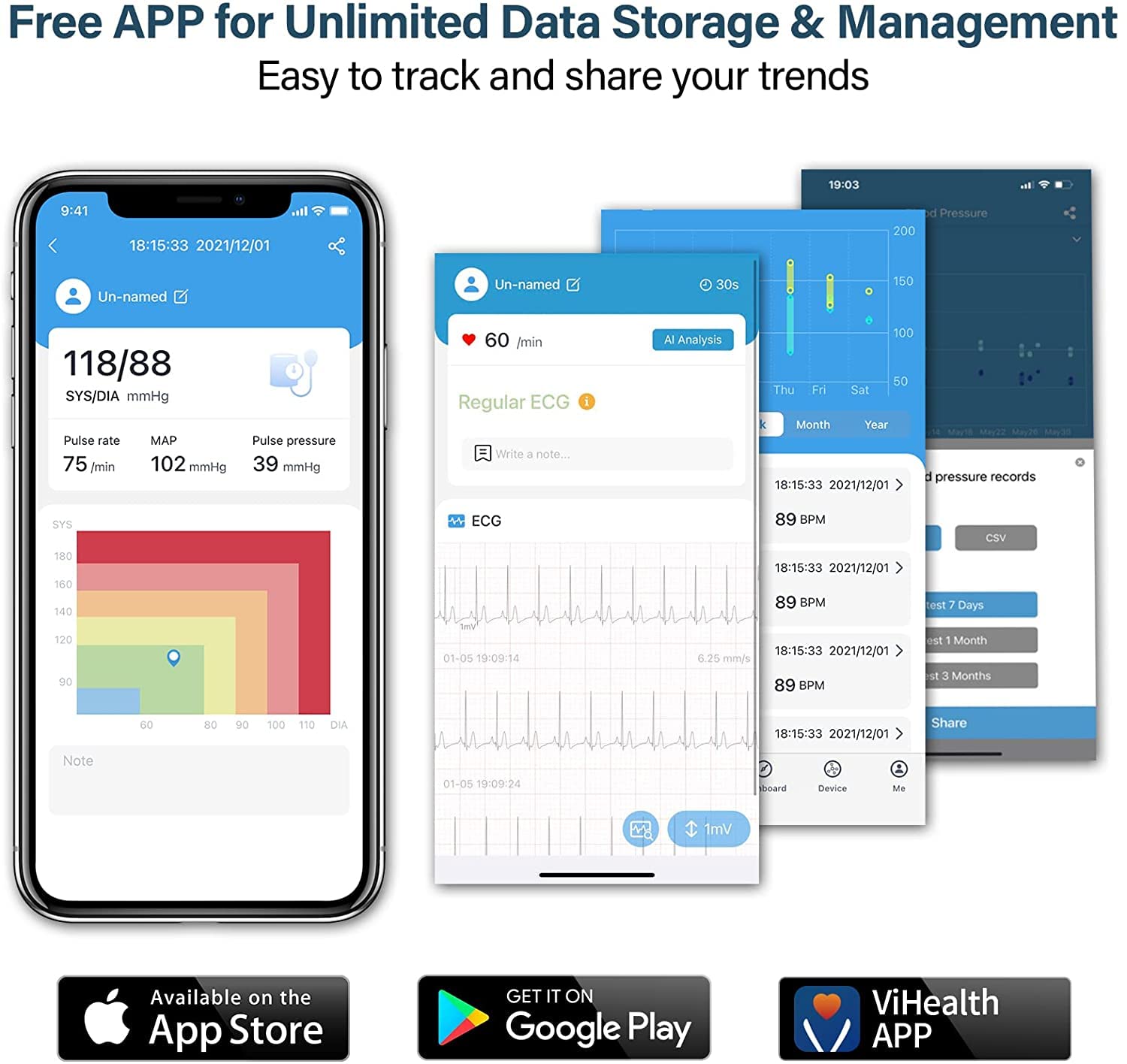 ViATOM Oberarm-Blutdruckmessgerät mit EKG, kabelloser Herzgesundheitsmonitor, Blutdruck- und EKG-Messung, unbegrenzter Speicher, kostenlose App für iOS und Android – Bild 4