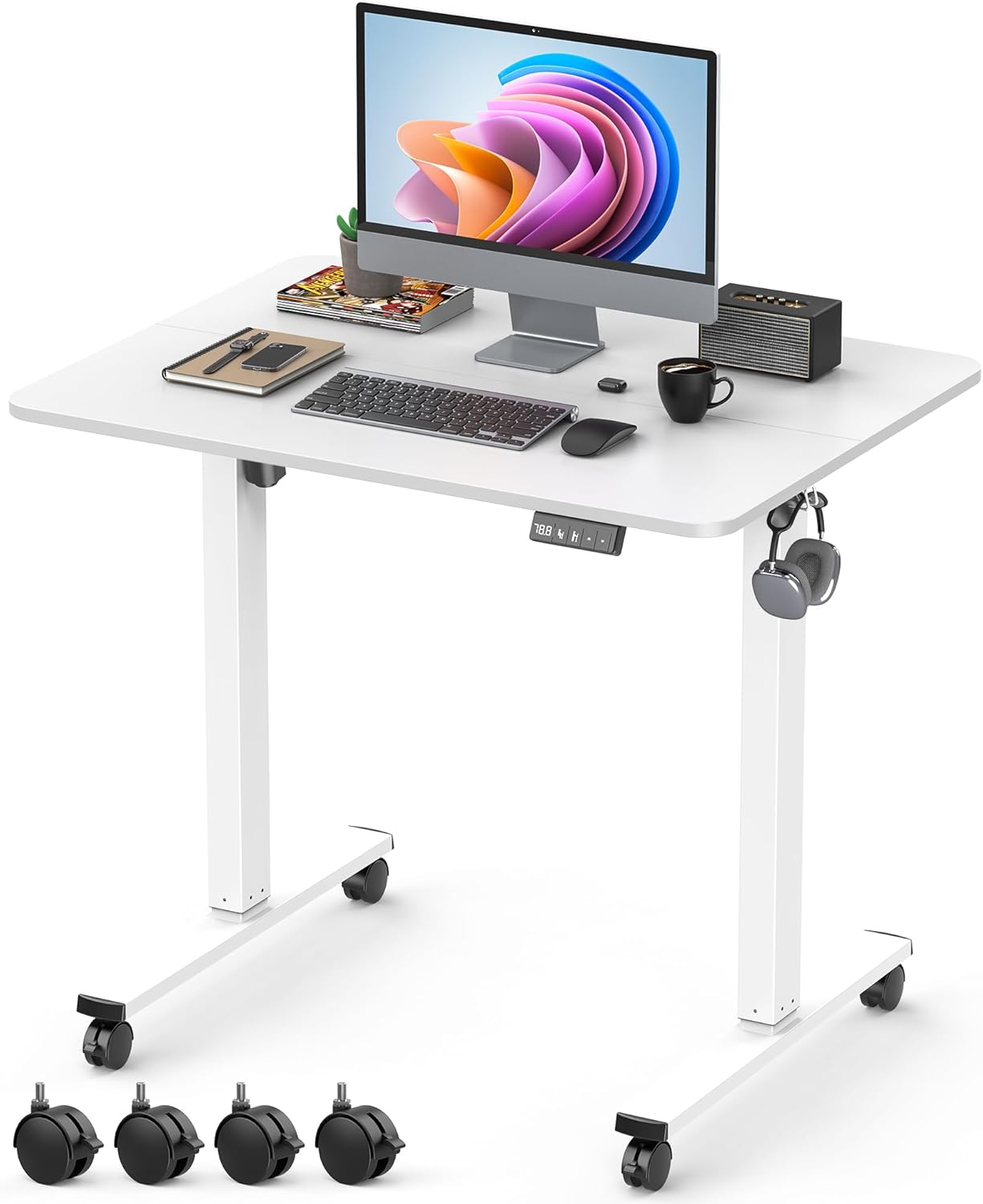 Höhenverstellbarer Schreibtisch 80 x 60 cm, hochwertige Tischplatte, elektrischer Schreibtisch, höhenverstellbar, Computertisch mit Memory-Funktion, weiß