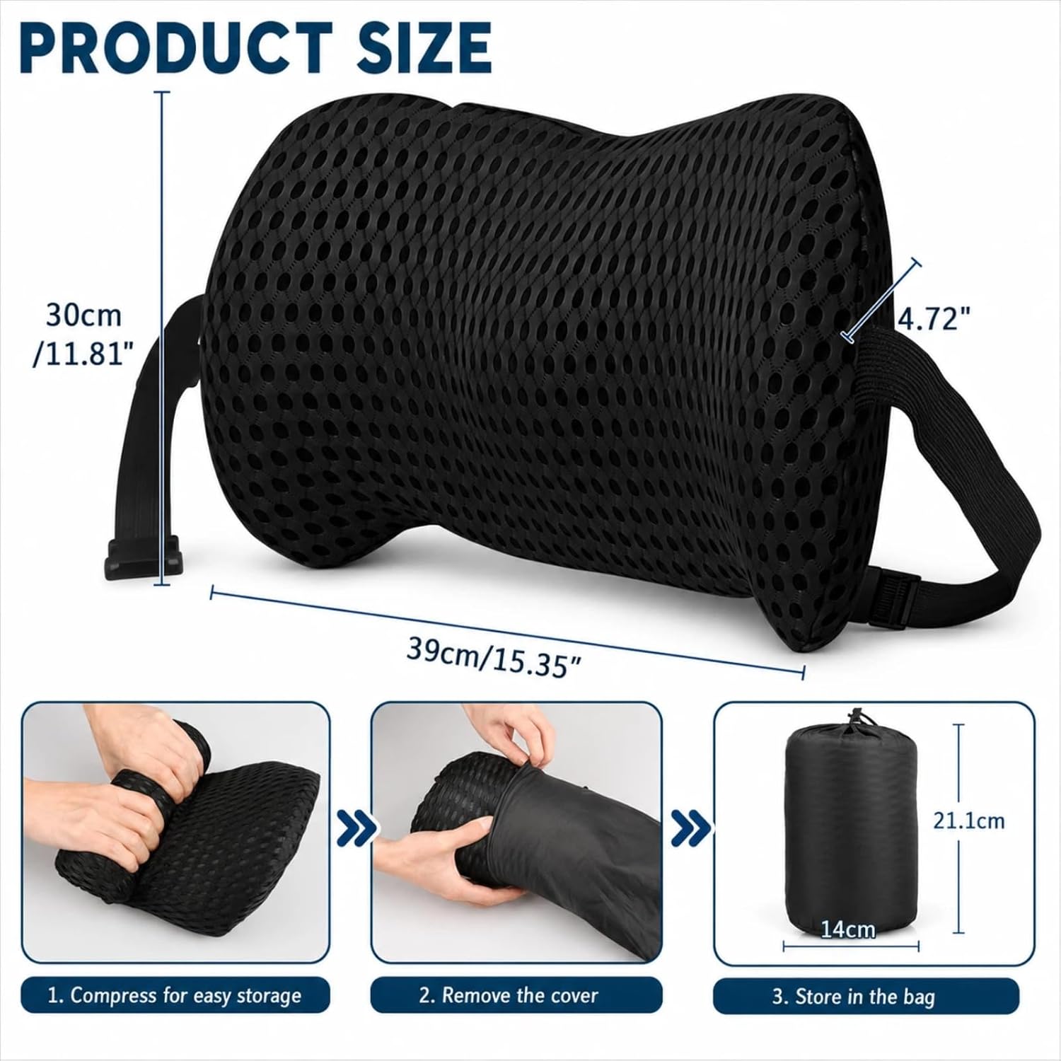 Ergonomisches Memory-Schaum-Lendenkissen, atmungsaktive Rückenstütze mit verstellbarem Riemen, abnehmbarer, waschbarer Bezug für Bürostuhl, Auto und Zuhause – Bild 2