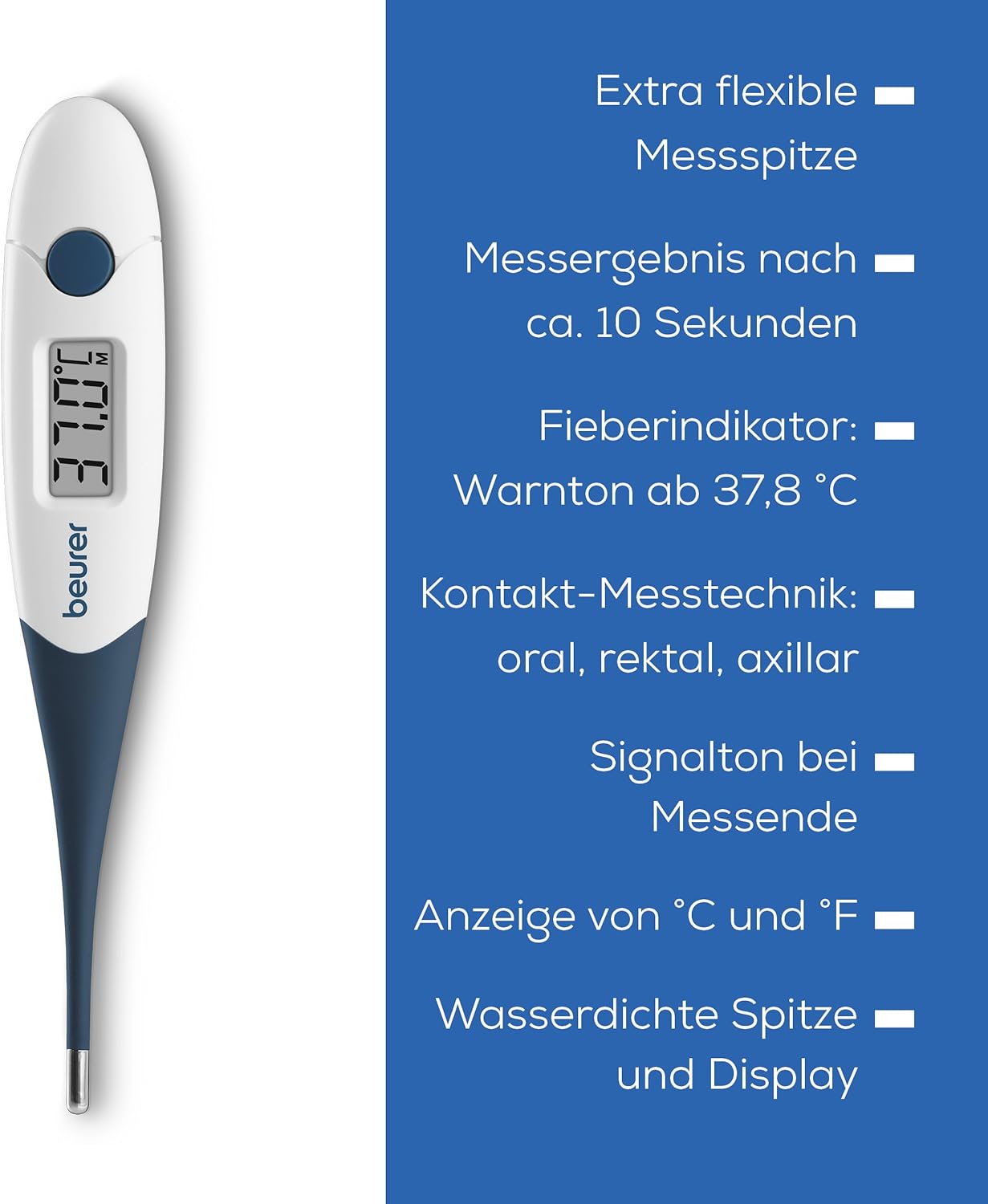 Beurer FT 17 Digitales Fieberthermometer mit flexibler Spitze für orale, rektale und axilläre Messung, Ergebnis in 10 Sekunden, Fieberanzeige für Babys, Kinder und Erwachsene, blau/weiß – Bild 6