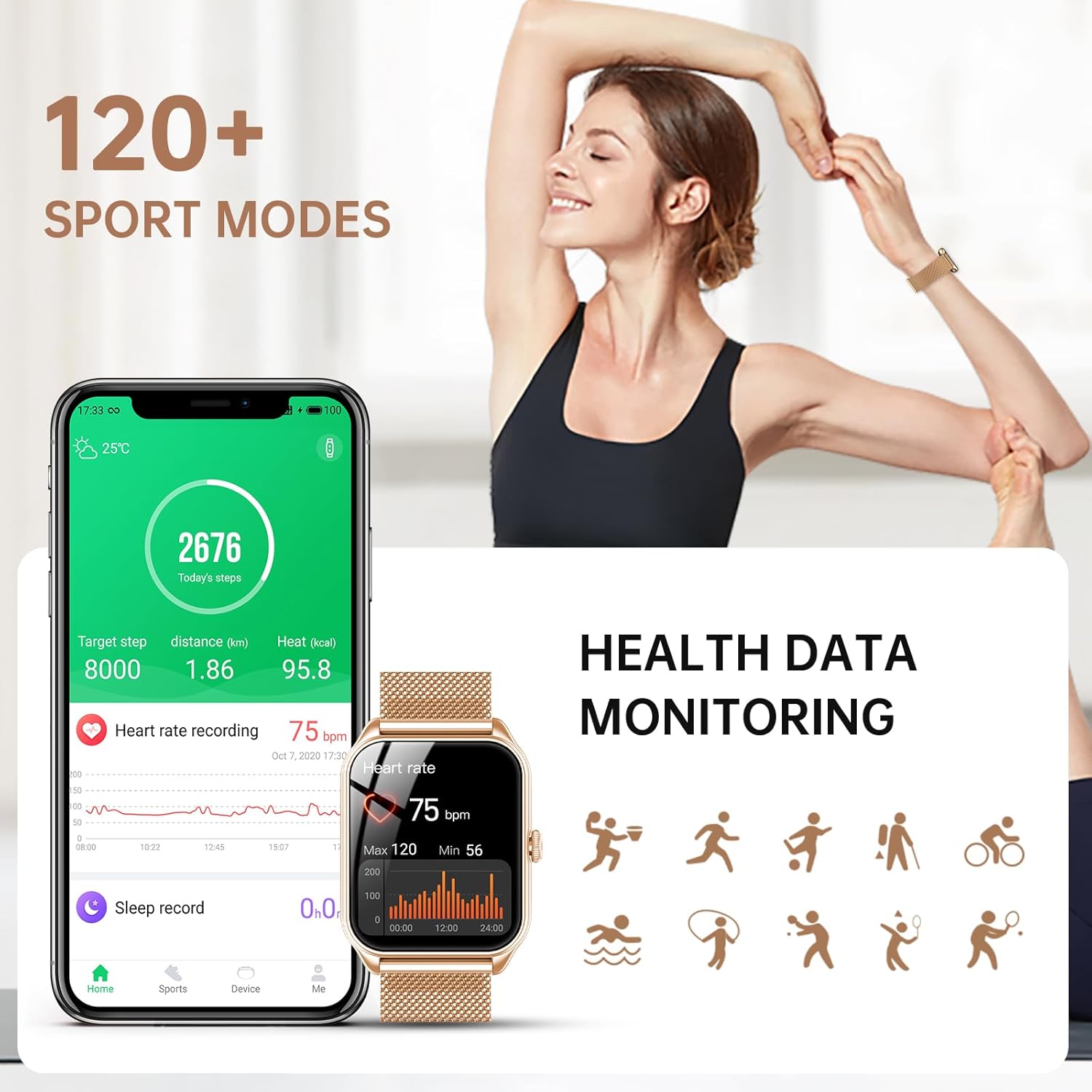 Damen Smartwatch mit Telefonfunktion, 1,83 Zoll Touchscreen Fitness Tracker, 120+ Sportmodi, IP68 wasserdichte Smartwatch mit Herzfrequenz, Schlafmonitor, Schrittzähler für iOS Android (Roségold) – Bild 4