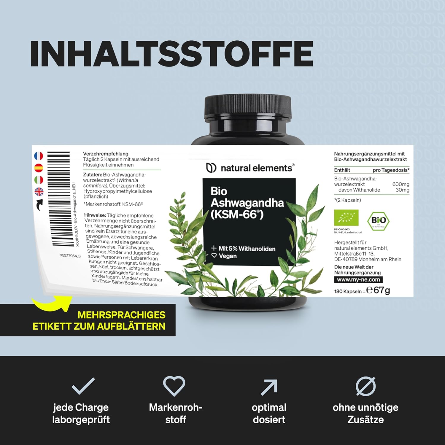 natural elements Bio-Ashwagandha – KSM-66 Premium-Rohstoff (180 Kapseln mit überdurchschnittlicher Reichweite) – 5 % Withanolid-Gehalt – Laborgeprüft, vegan und hochdosiert – Bild 6