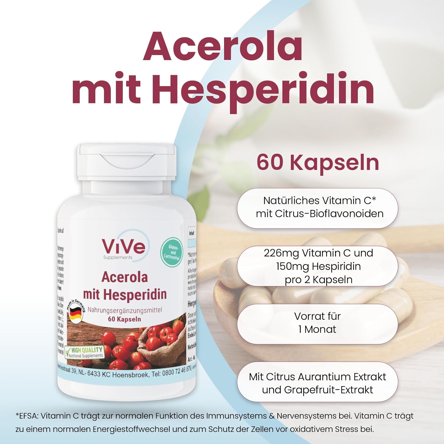 Acerola mit Hesperidin – 60 Kapseln mit Vitamin C, Grapefruitkernextrakt und Bitterorangenextrakt – hochdosiert und vegan – standardisierte Extrakte | Qualität aus Deutschland ViVe Supplements – Bild 2